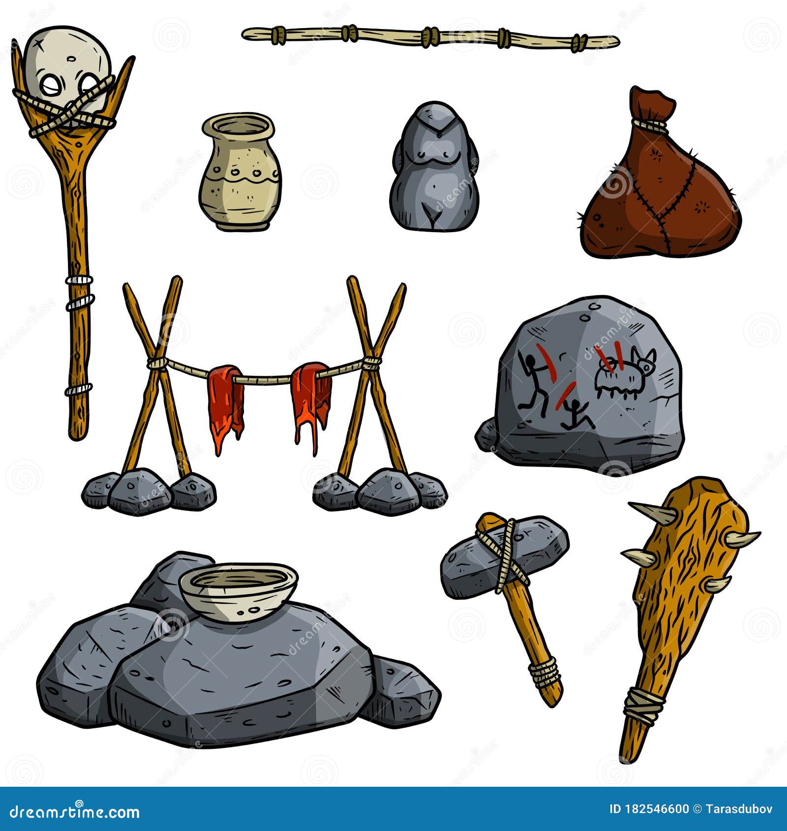 Set Of Items Of Primitive Man And Hunter. Weapons Of Caveman