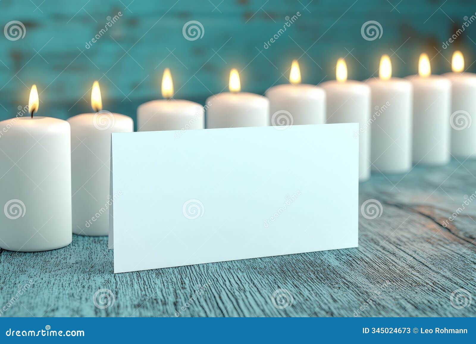 set of ivory candles in a row on a rustic wooden surface with a blank white notecard blending warmth and simplicity for a tranq