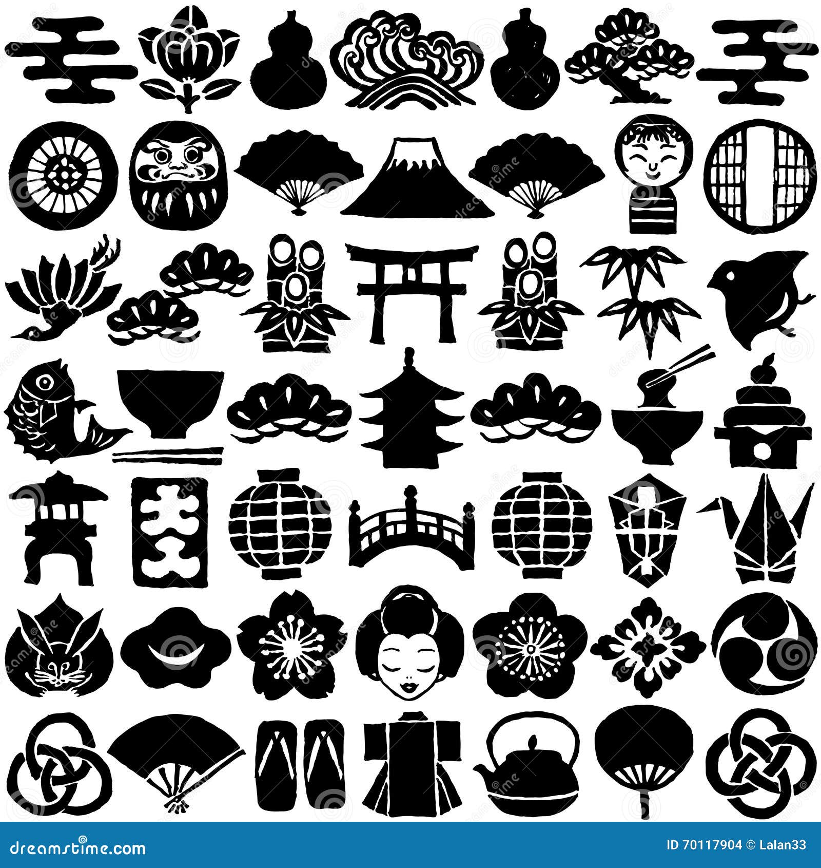 Set Of Japanese Design Icons. Hand Drawn Illustrations. Stock Vector