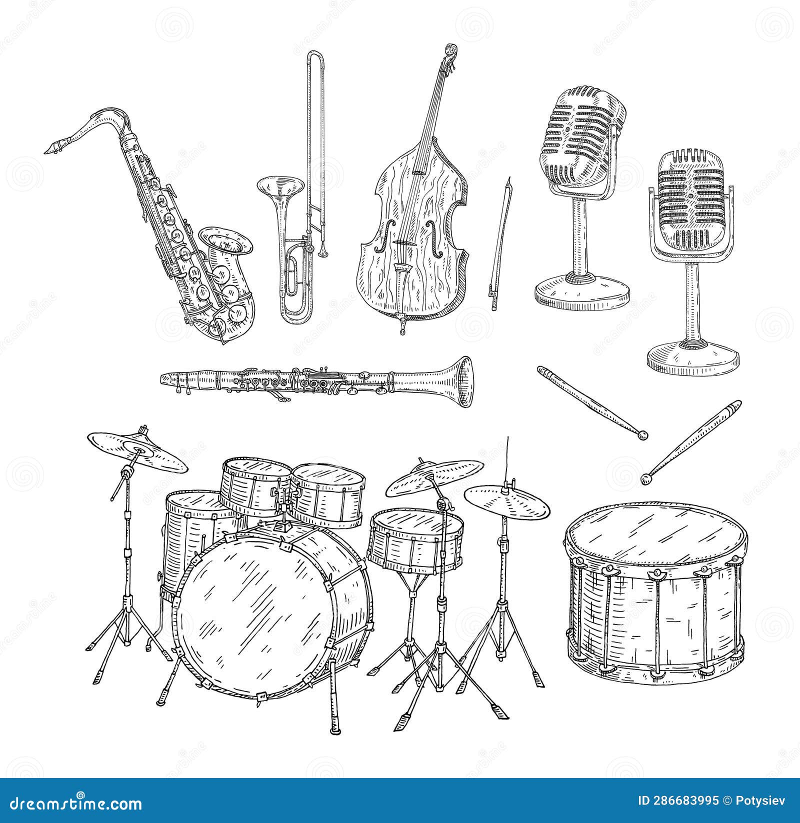 set jazz musical instruments. vintage black engraving 