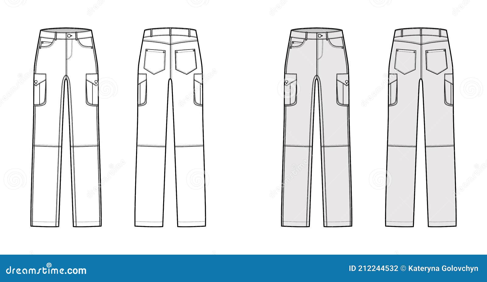 Set of Jeans Cargo Denim Pants Technical Fashion Illustration with Low ...