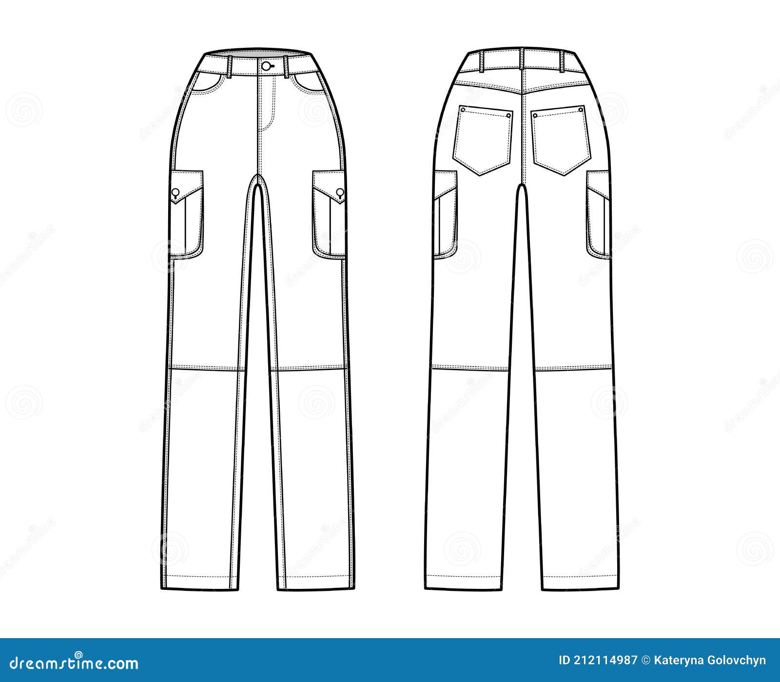 Set of Jeans Cargo Denim Pants Technical Fashion Illustration with ...