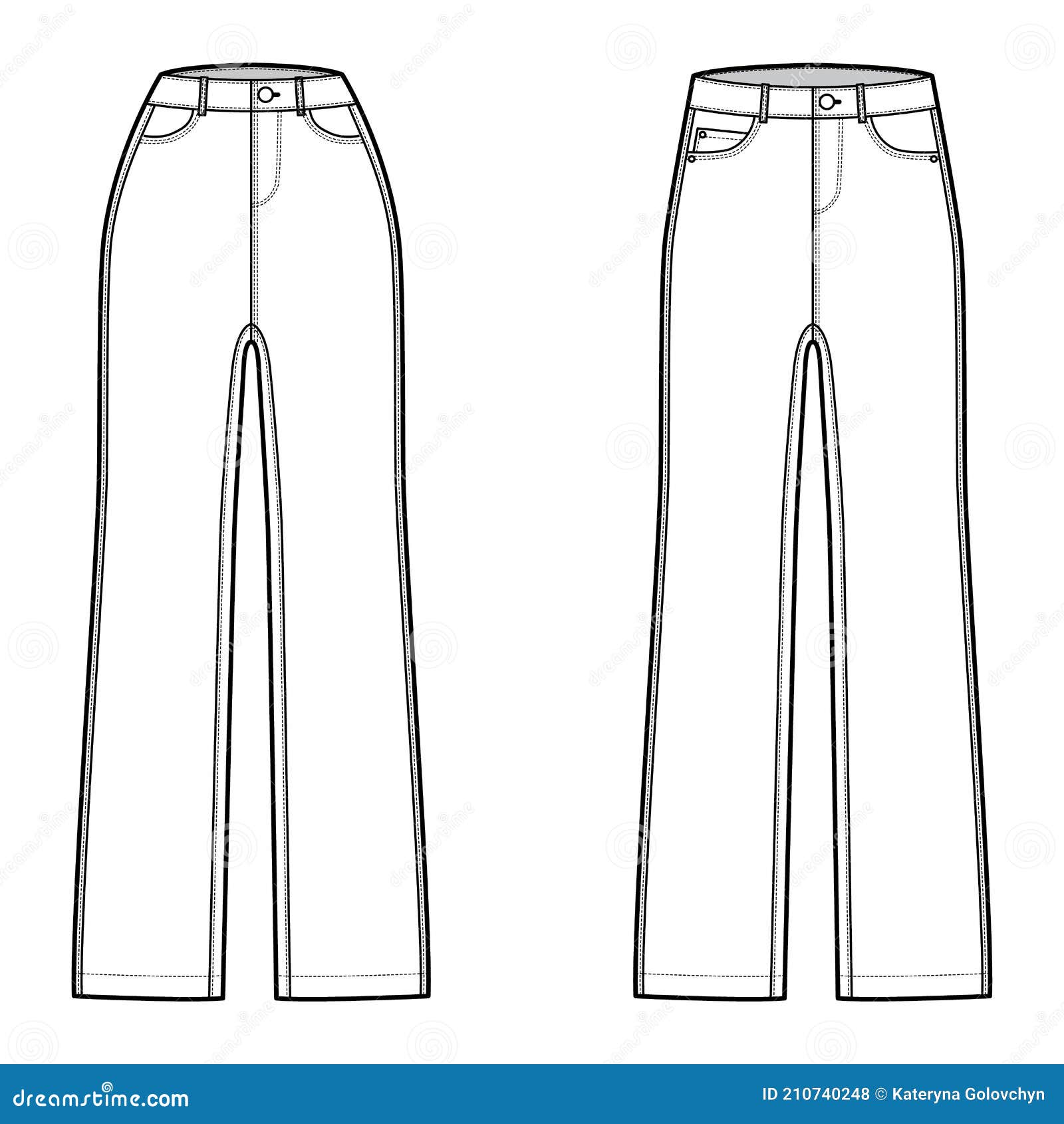 Set of Jeans Denim Pants Technical Fashion Illustration with Full ...