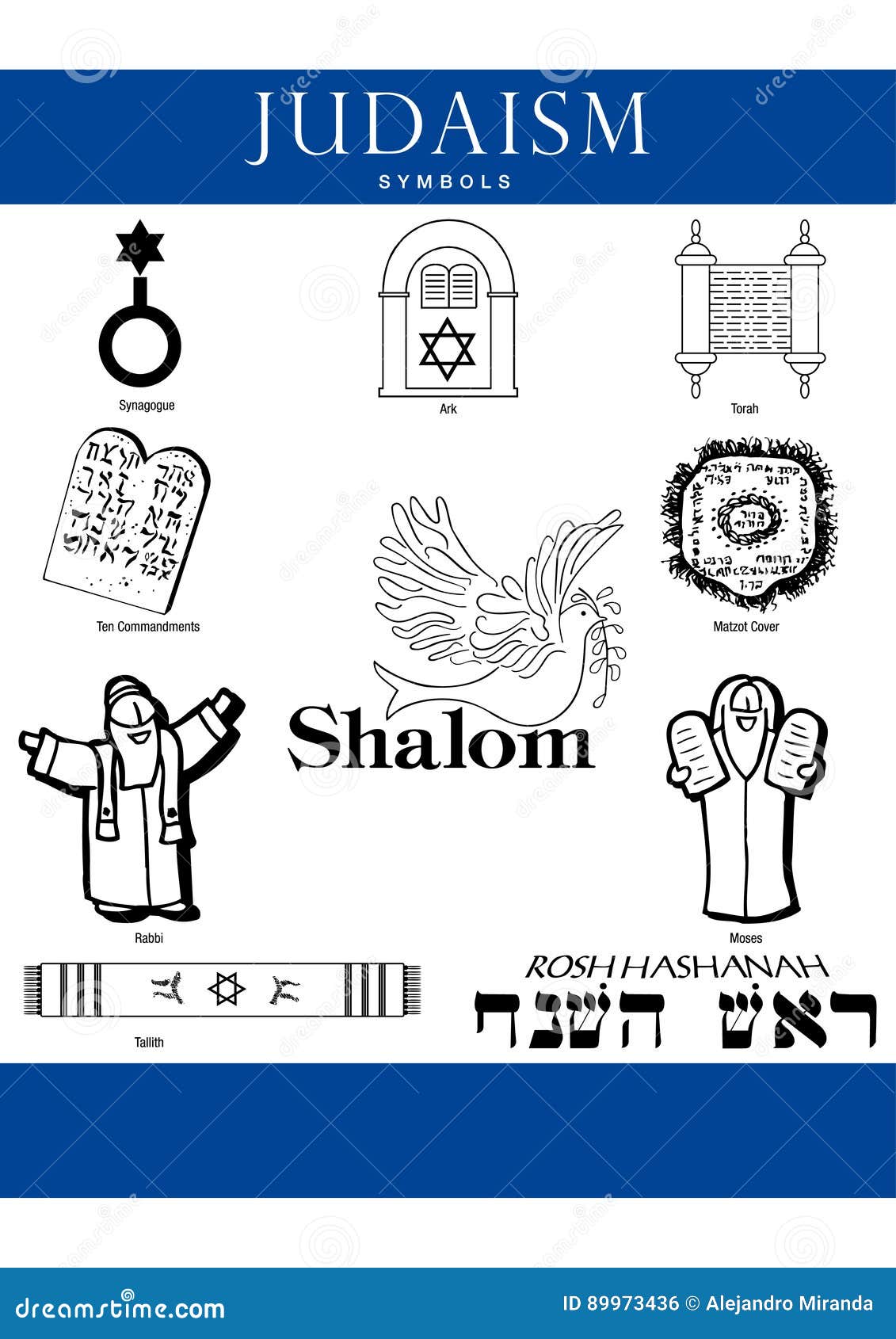 Set of Judaism Symbols on White Background with Blue Bars Stock Vector
