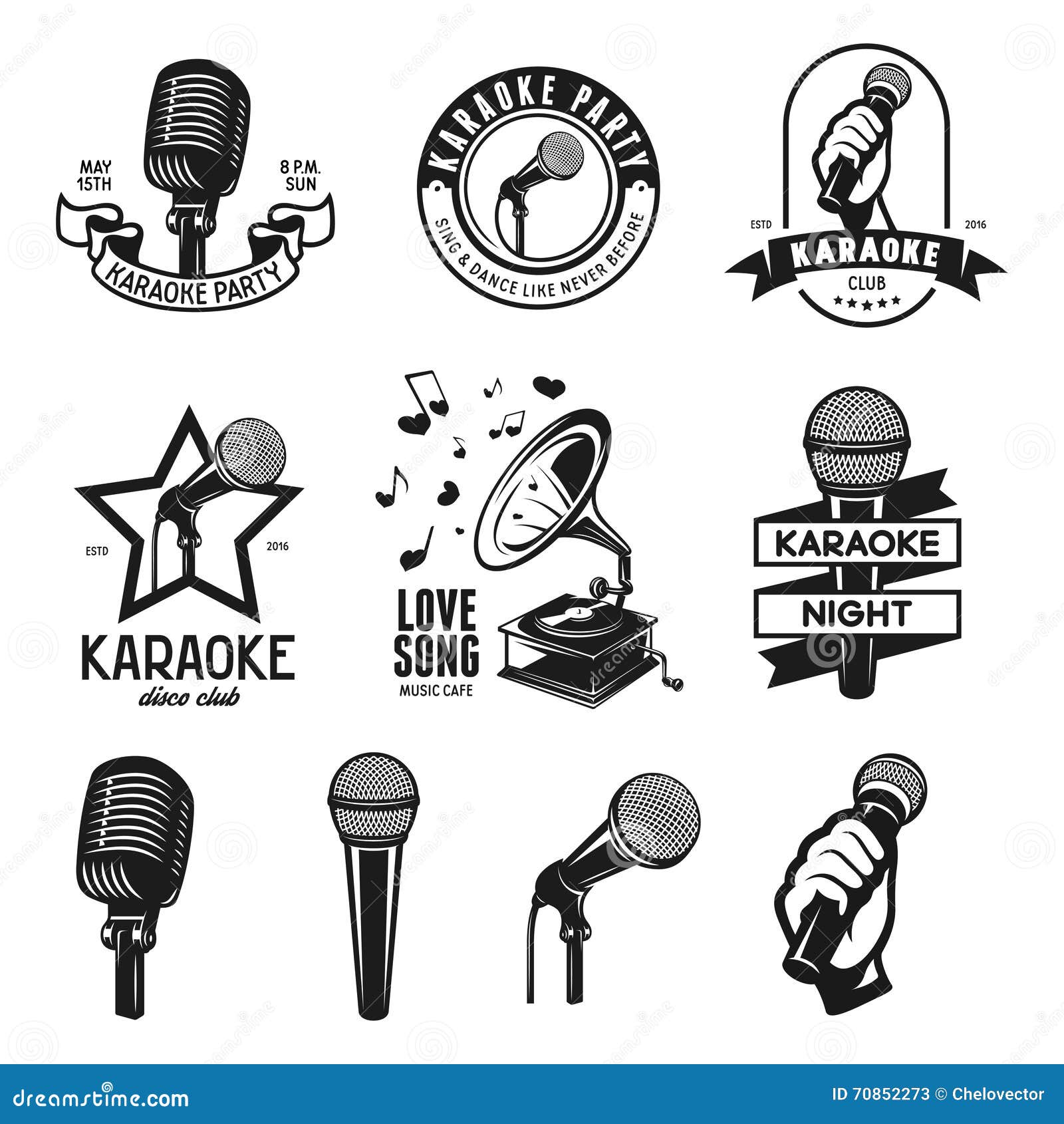set of karaoke related vintage labels, badges and  s.  .