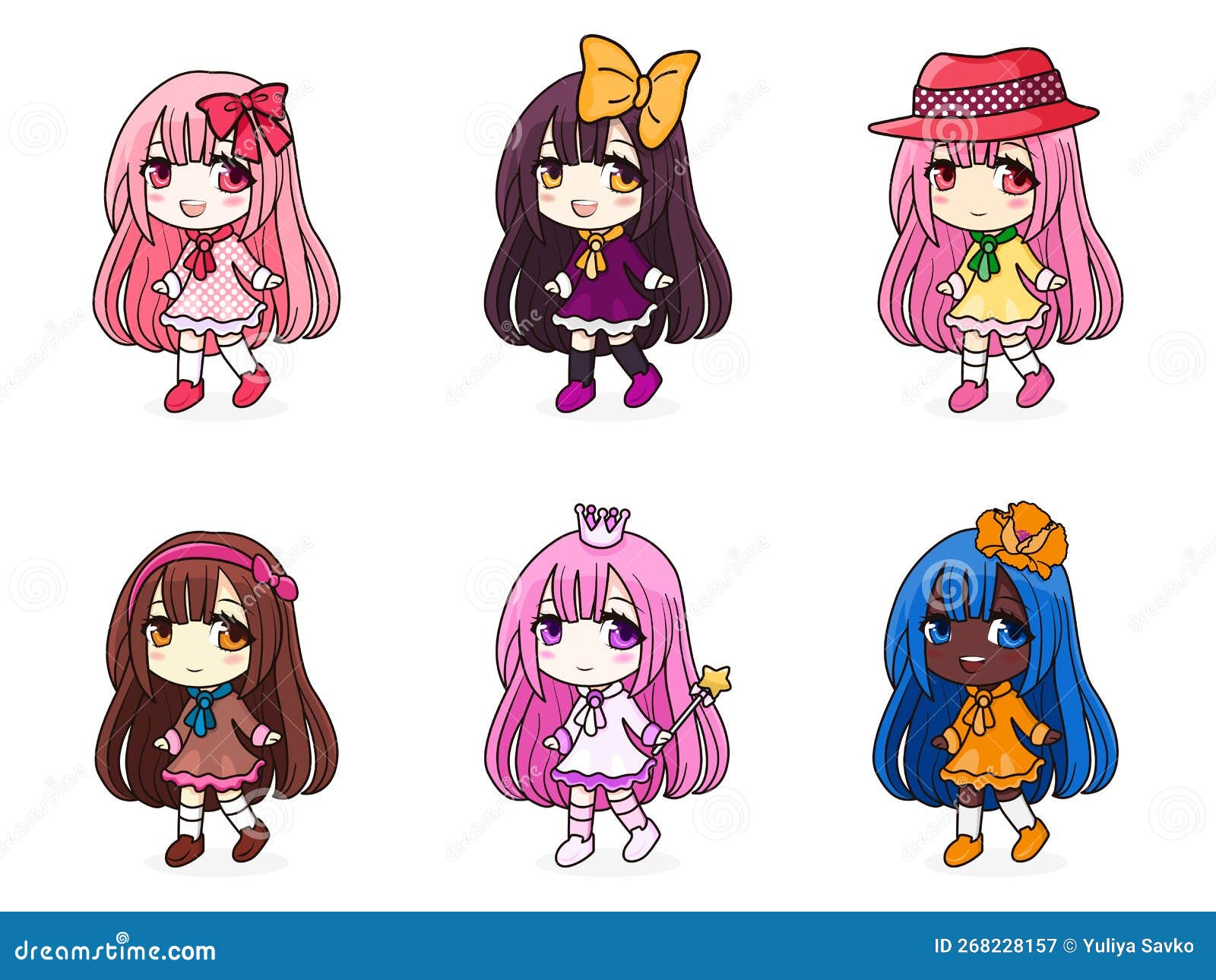 Set of Kawaii Anime Girls with Different Accessories. Stock Vector