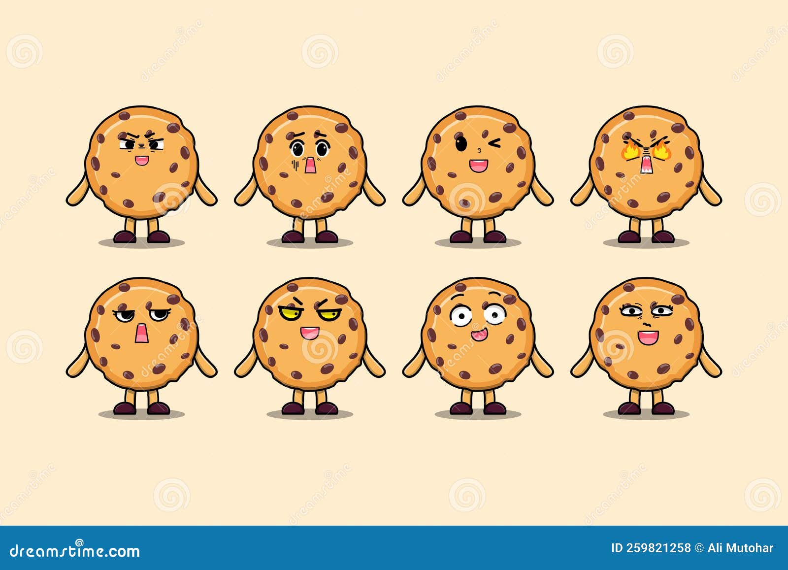 Set Kawaii Biscuits Cartoon Different Expressions Stock Vector Illustration of face, emotion