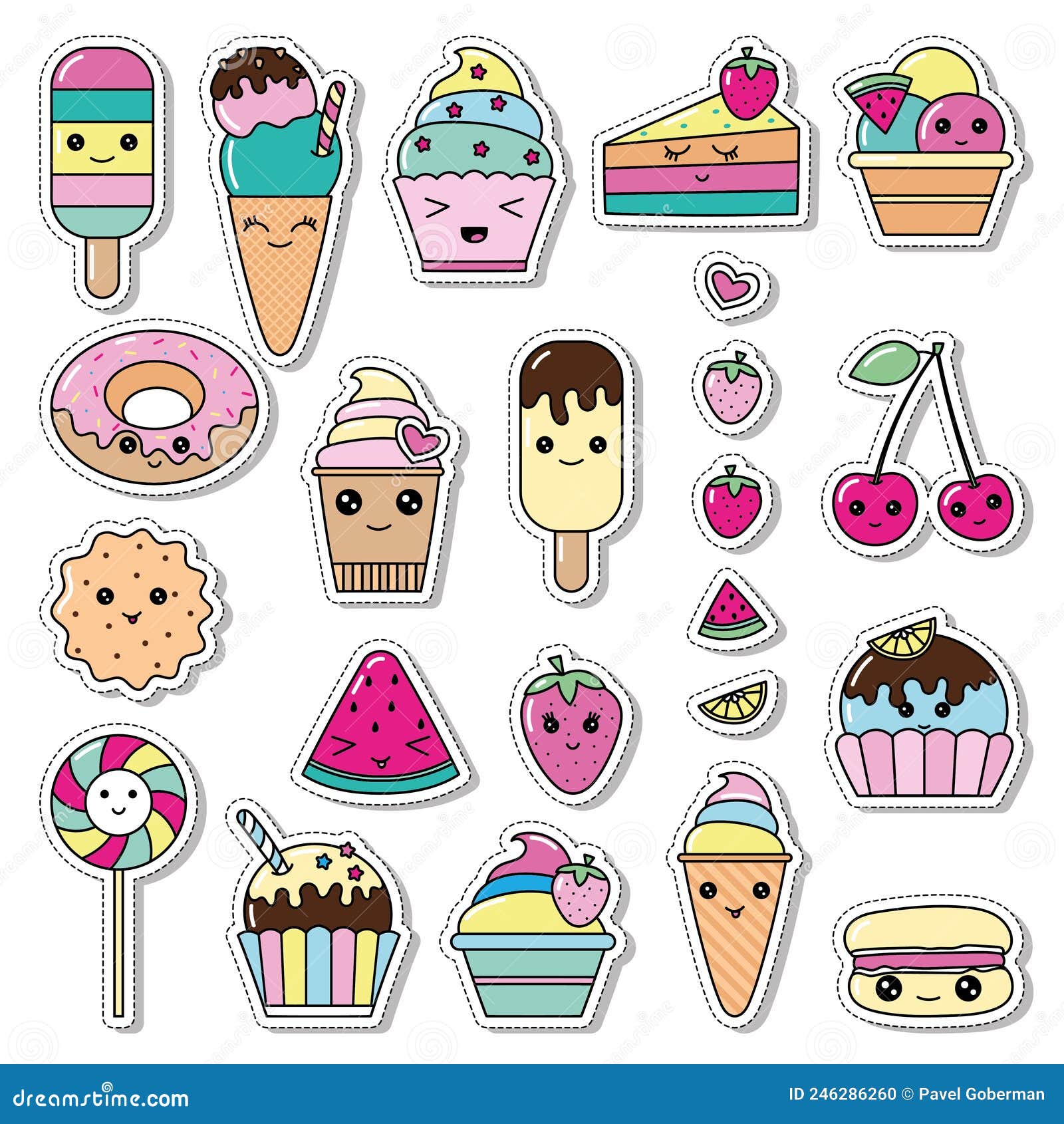 Set of Kawaii Cartoon Style Doodle Sweety Characters. Collection