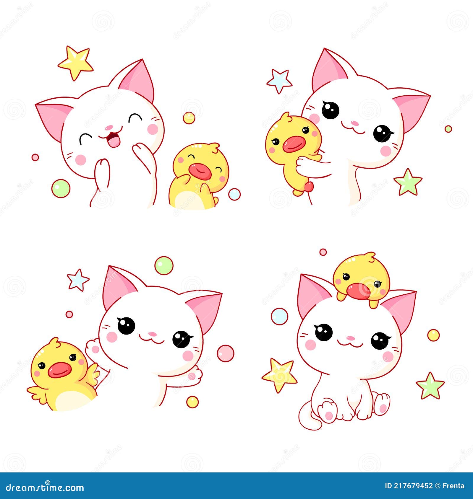 Set of Kawaii Cat and Duckling Stock Vector - Illustration of kitty,  embrace: 217679452