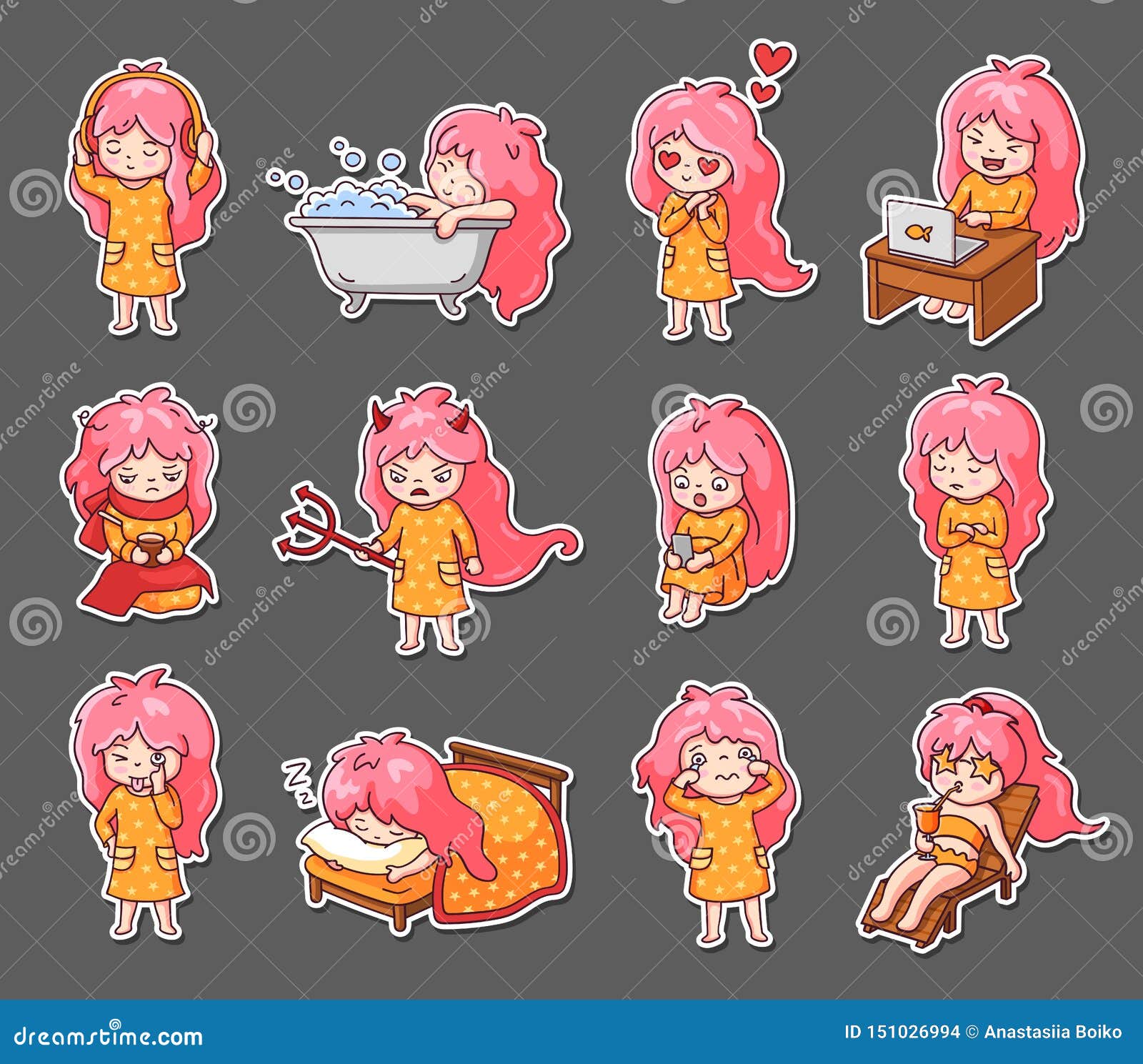 Set of Kawaii Colored Little Girls with Pink Hair. Collection of Bright  Stickers. Cute Cartoon Characters Stock Vector - Illustration of personage,  children: 151026994