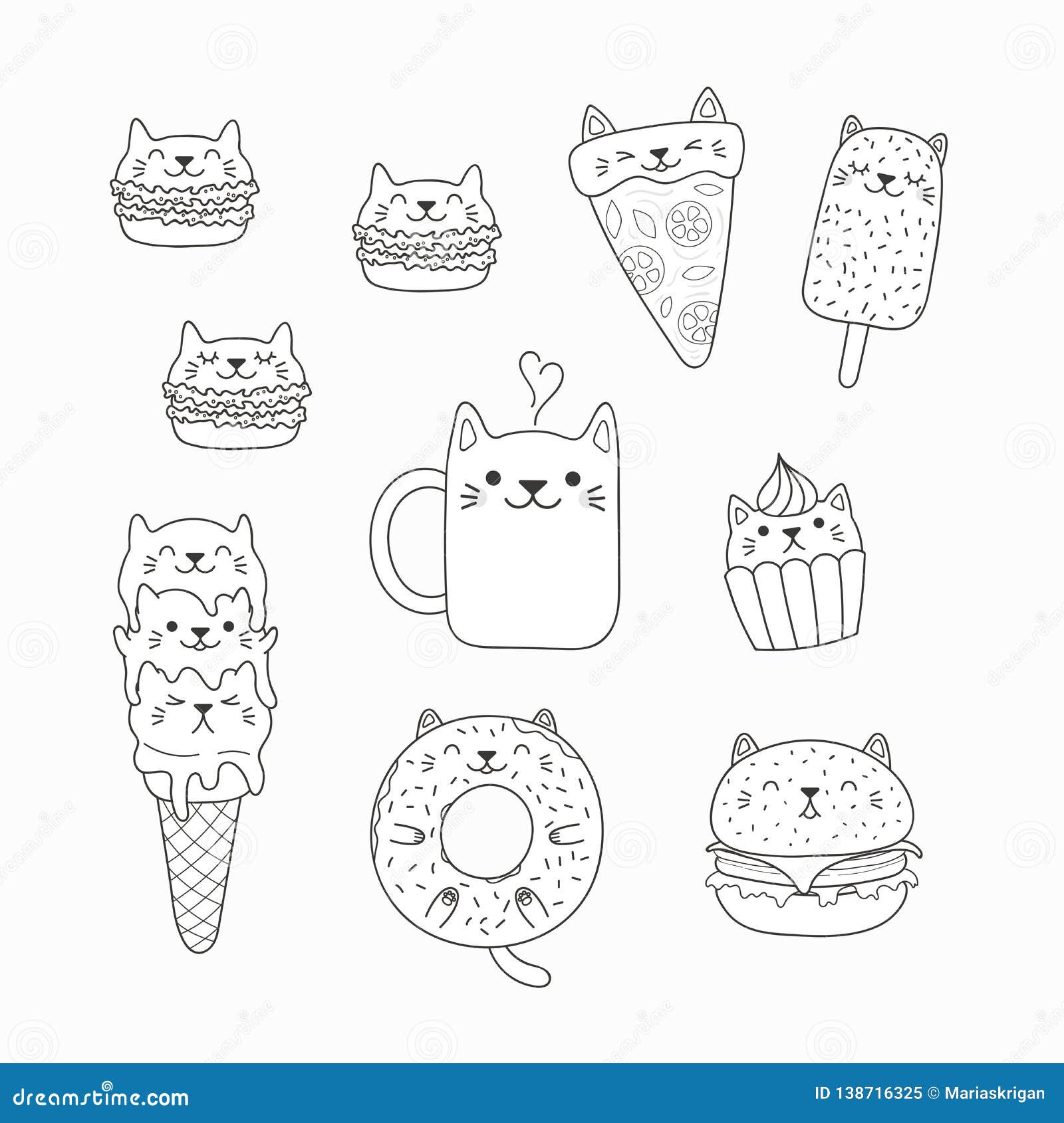 Kawaii Cats  Food Coloring  Pages  Stock Vector 