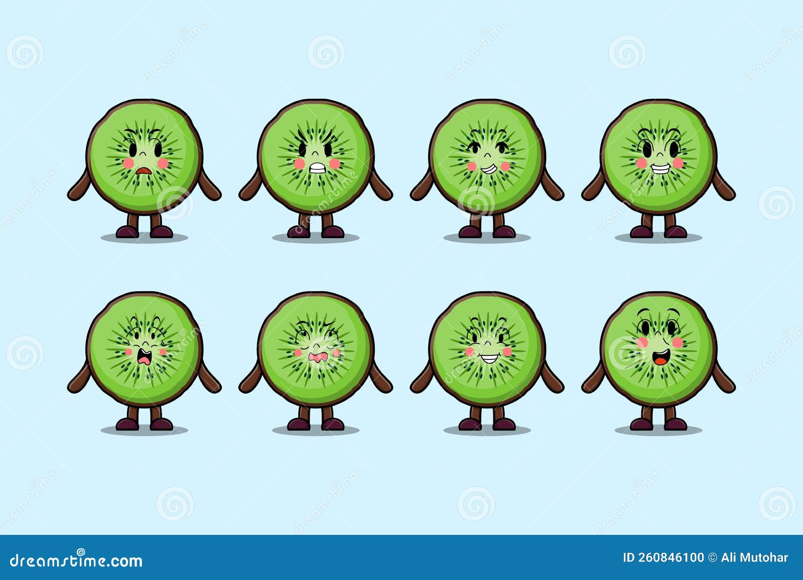 Set Kawaii Kiwi Fruit Cartoon Expressions Stock Vector Illustration