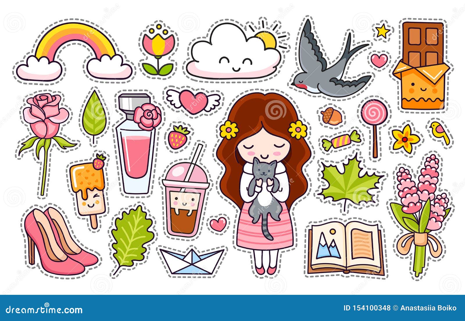 Set of Kawaii Summer Stickers for Girls. Collection of Vector Illustration.  Stock Vector - Illustration of doodle, garden: 154100348