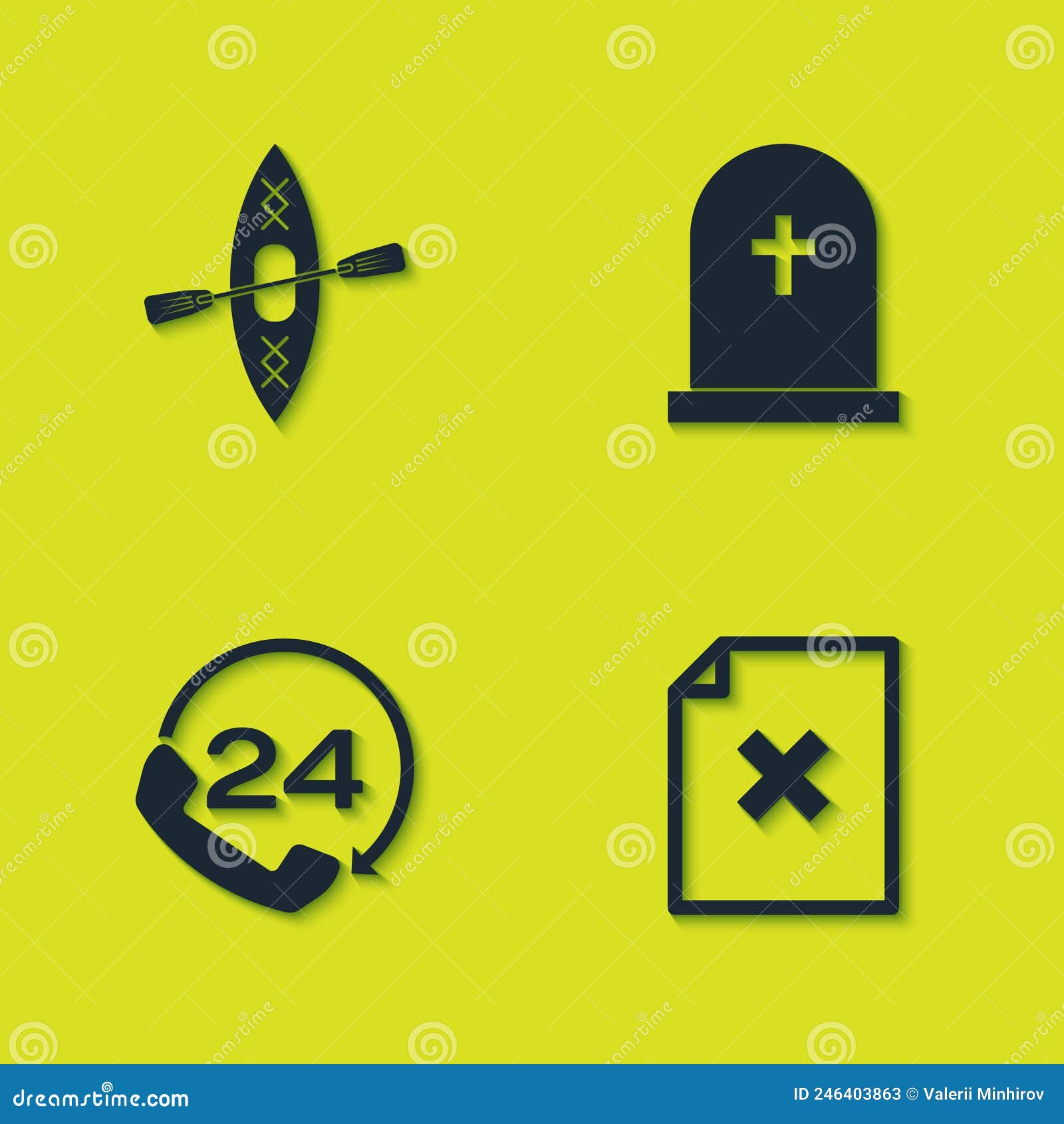 set kayak and paddle, delete file document, telephone 24 hours support and tombstone with cross icon. 