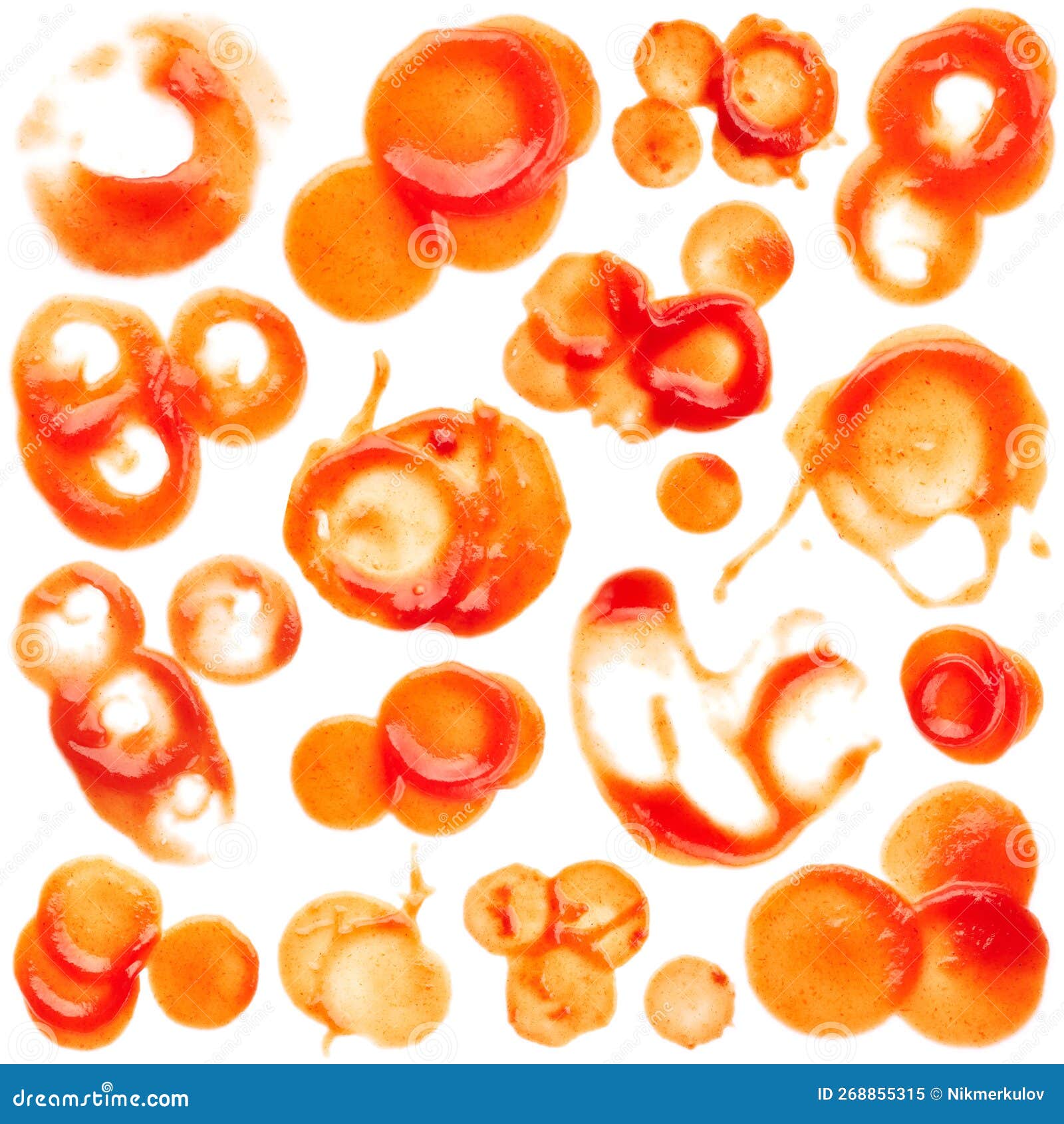 ketchup blots, stains, blemishes, drops on white