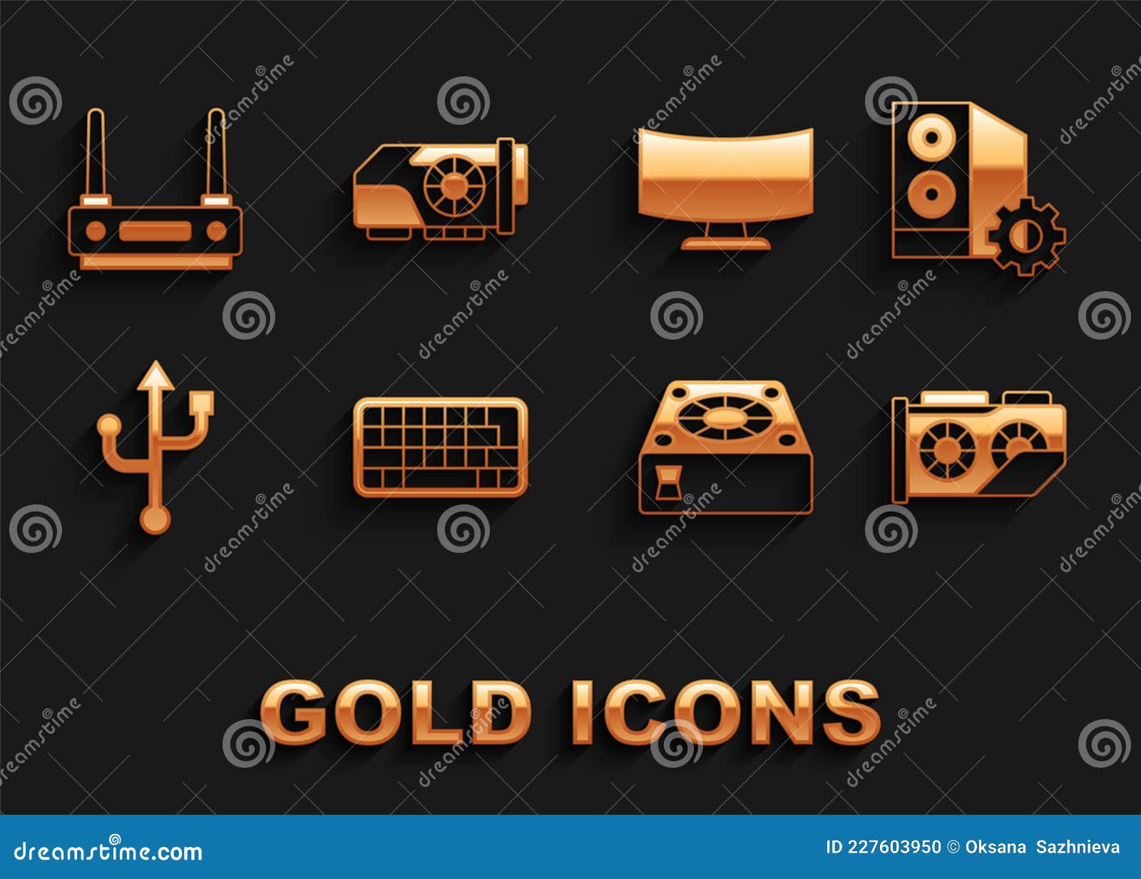 set keyboard, case of computer, video graphic card, computer cooler, usb, monitor screen, router and wi-fi signal and