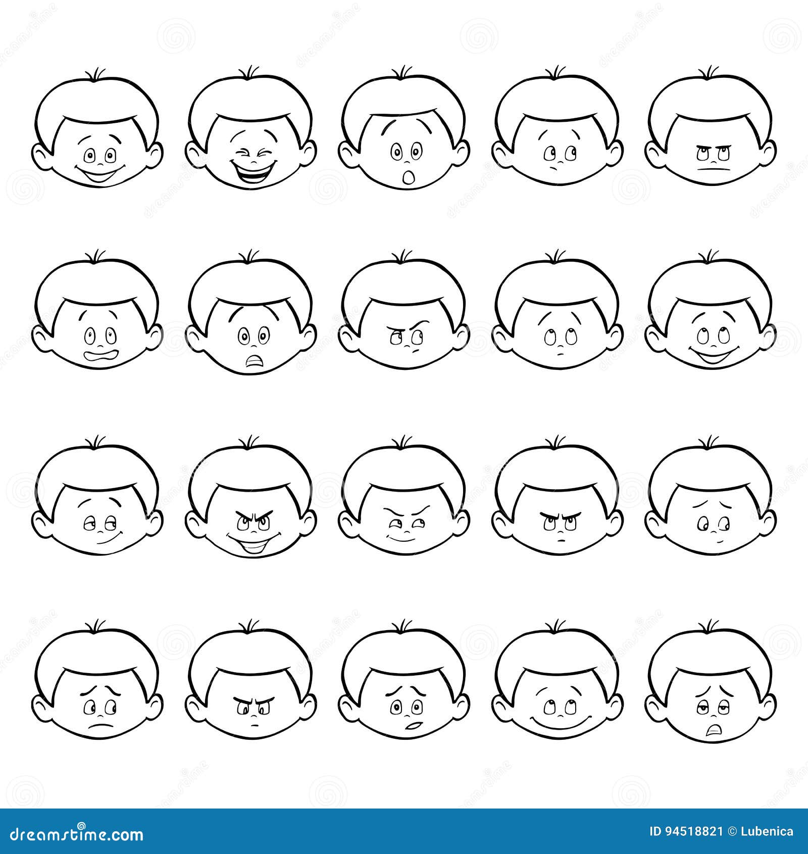 set of kid facial emotions. outline boy face with different expressions.