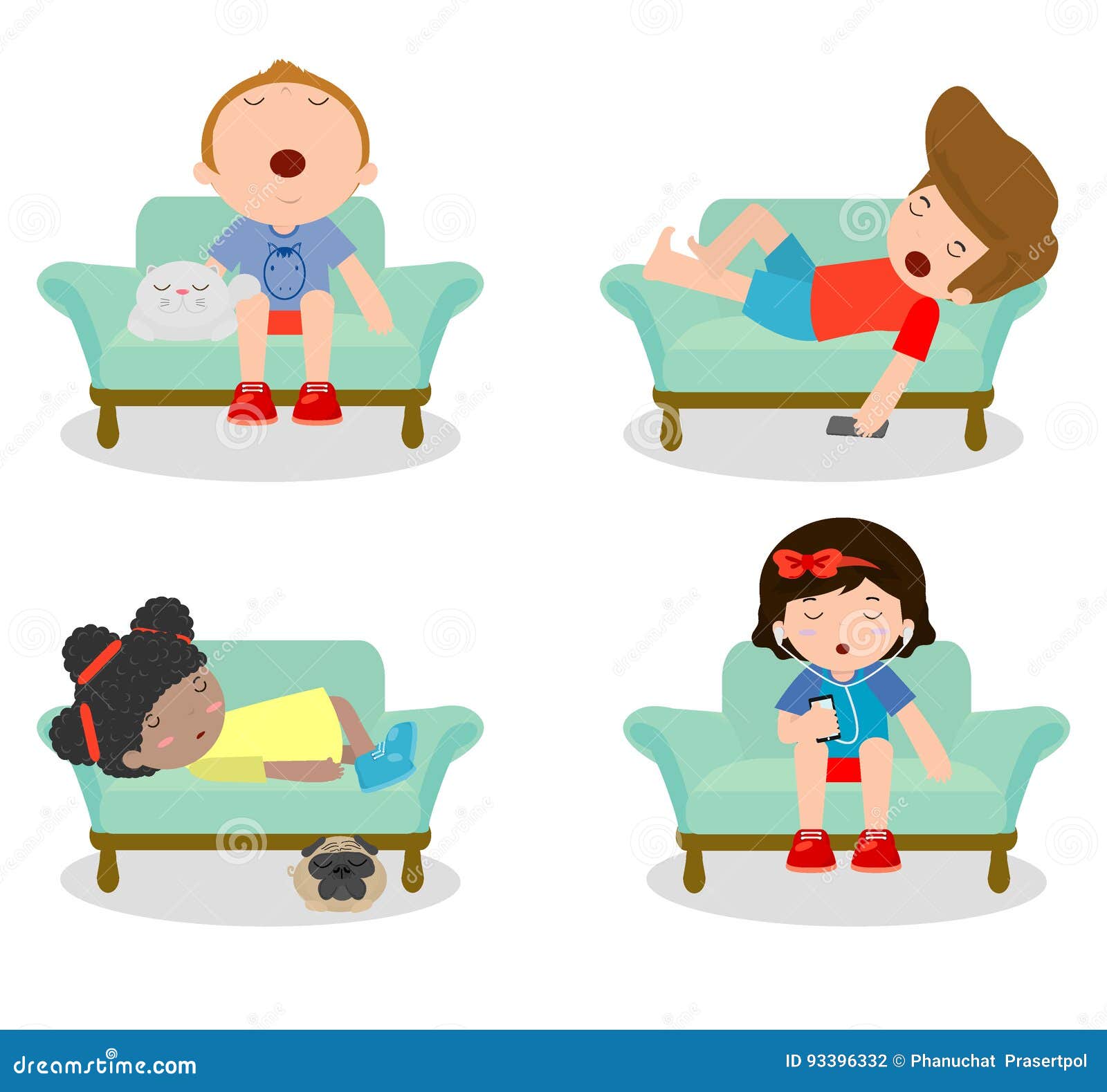 set of kid sleeping on sofa at home on white background, children resting at home, couch and child , simple cartoon of kids taking