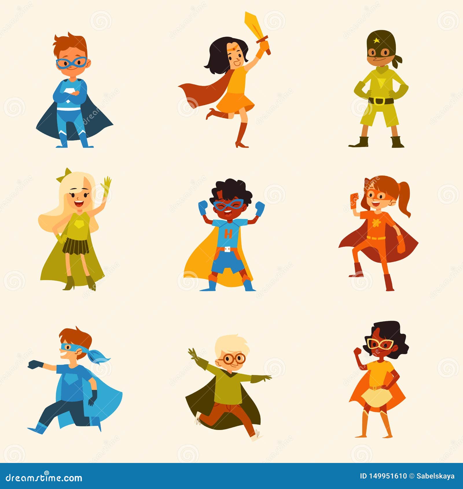 Set of Kids Characters in Colorful Superhero Costumes Cartoon Style Stock  Vector - Illustration of design, game: 149951610
