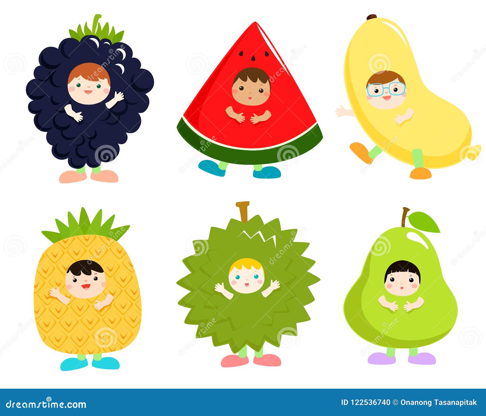 Set of Kids in Cute Fruit Costumes Vector. Stock Vector Illustration