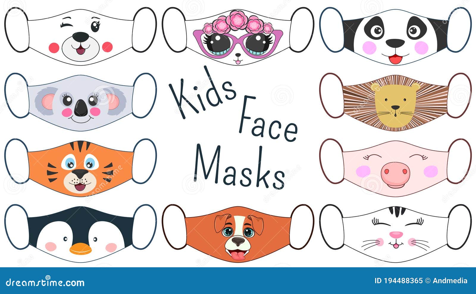 Set of Kids Face Masks with Animals Faces. Stock Vector - Illustration of  medical, lion: 194488365