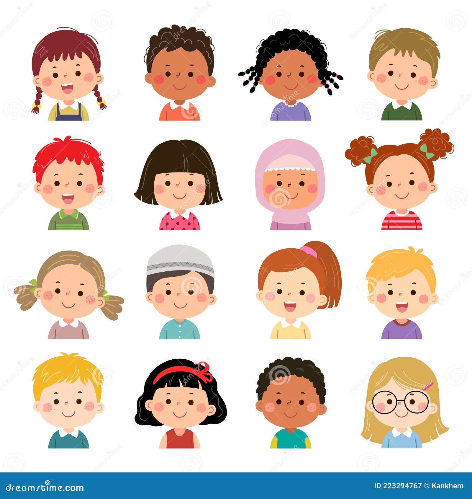 set of kids faces, avatars, children heads different nationality in flat style