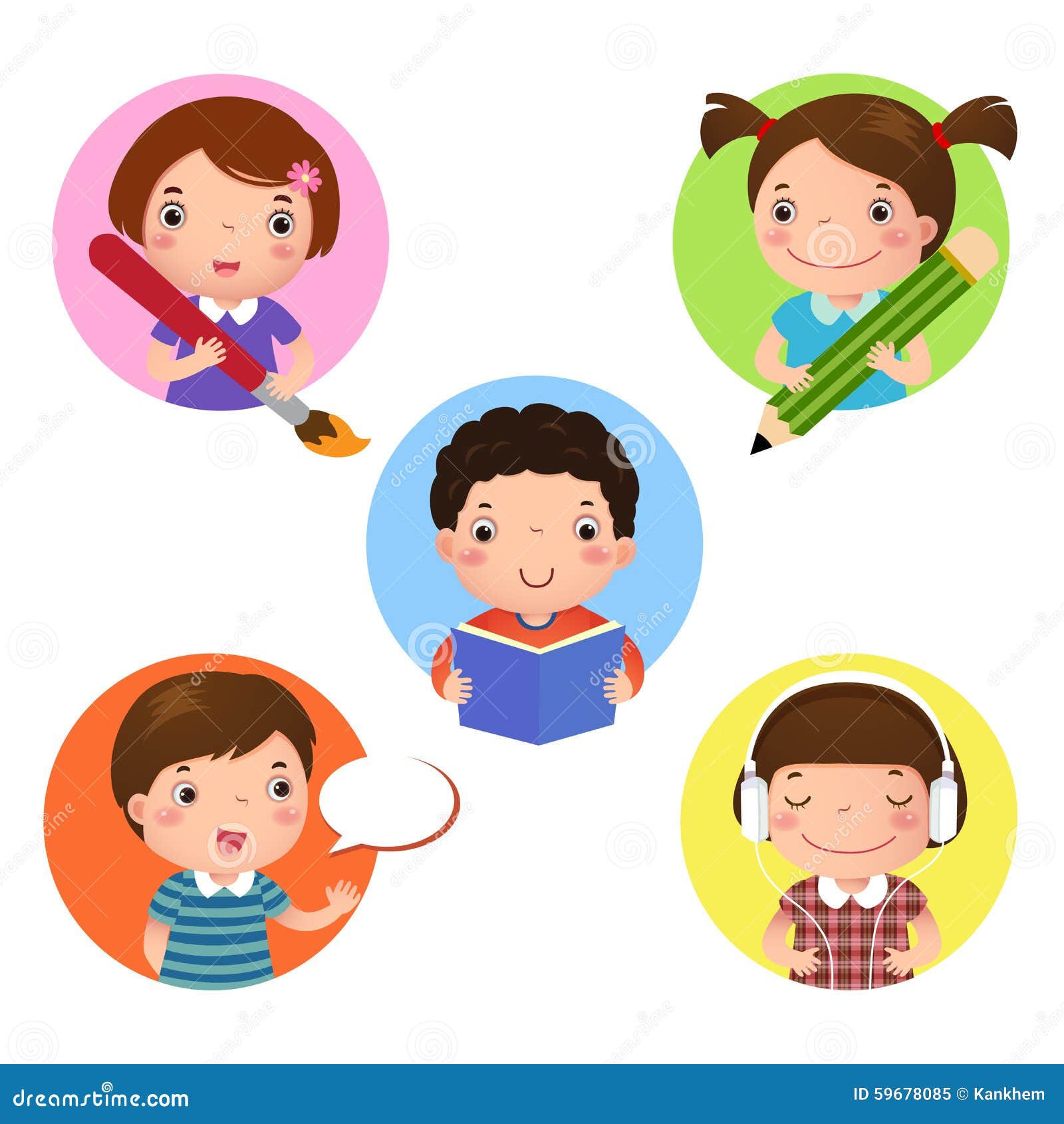 set of kids mascot learning. icon for writing, drawing, reading,