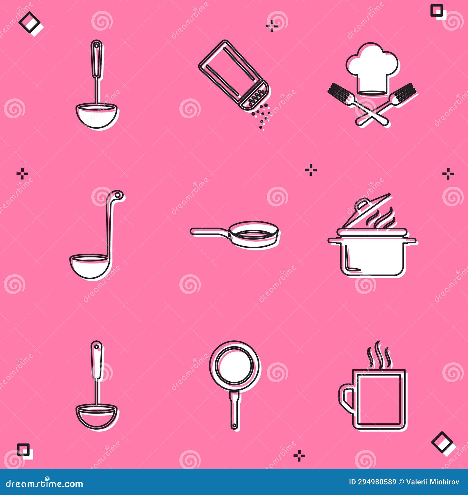 Set Kitchen Ladle, Salt and Pepper, Chef Hat Fork, Frying Pan, Cooking