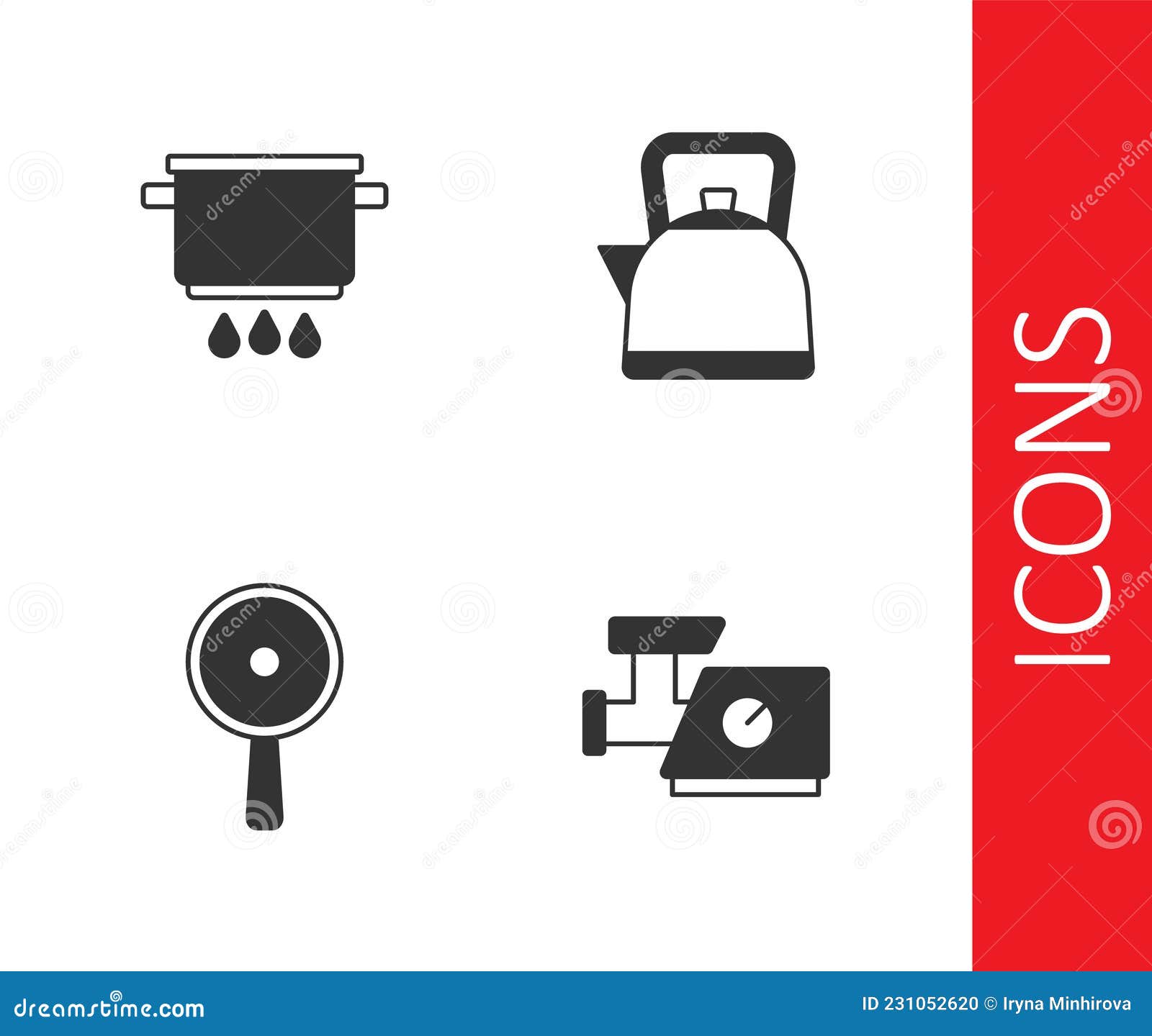 Set Kitchen Meat Grinder, Cooking Pot on Fire, Frying Pan and Kettle