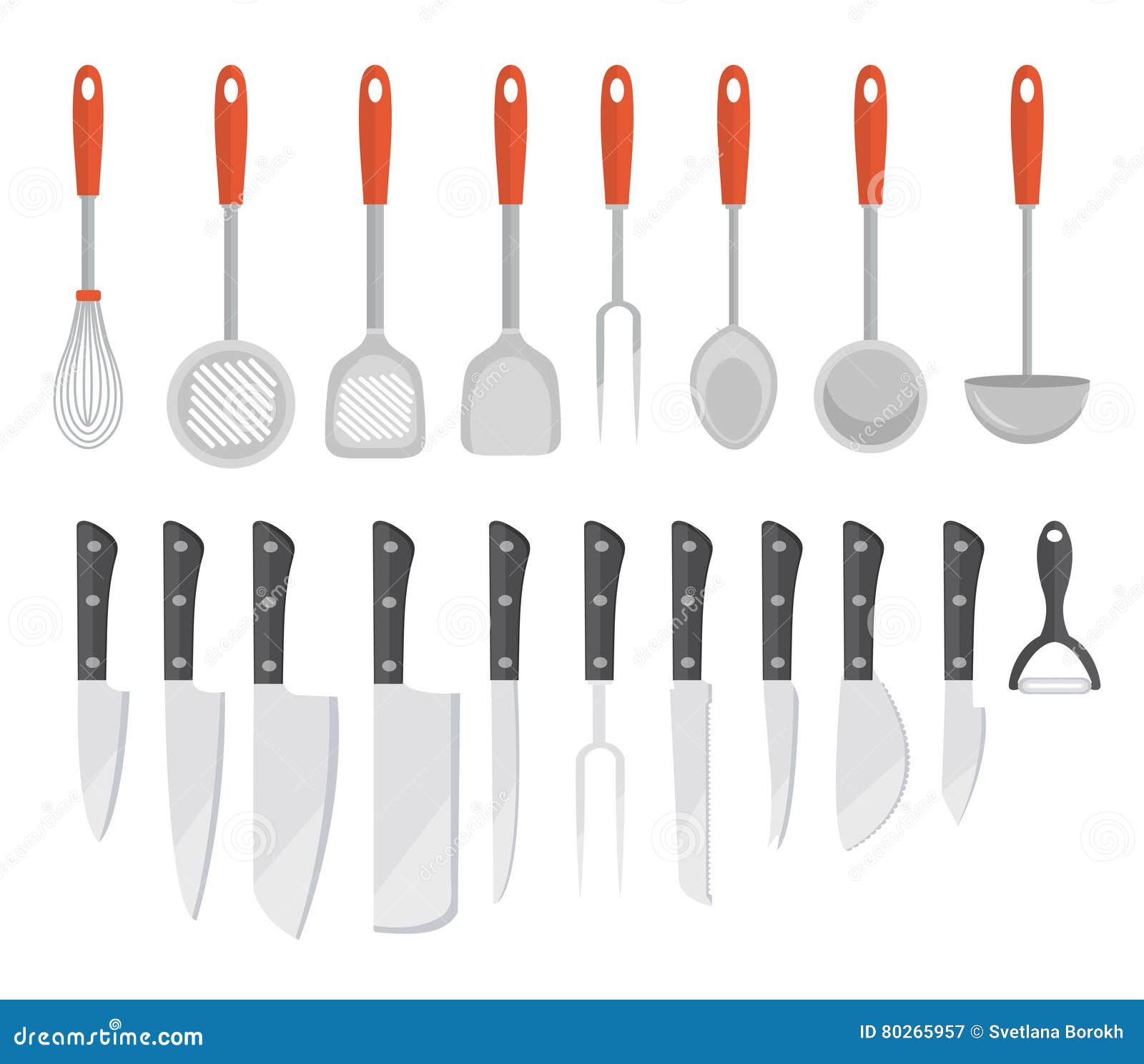 Flat Design Concept Icons Of Kitchen Utensils With A Chef. Cooking Tools  And Kitchenware Equipment, Serve Meals And Food Preparation Elements. Chef  And Tool Character. Set Of Icons On White Royalty Free