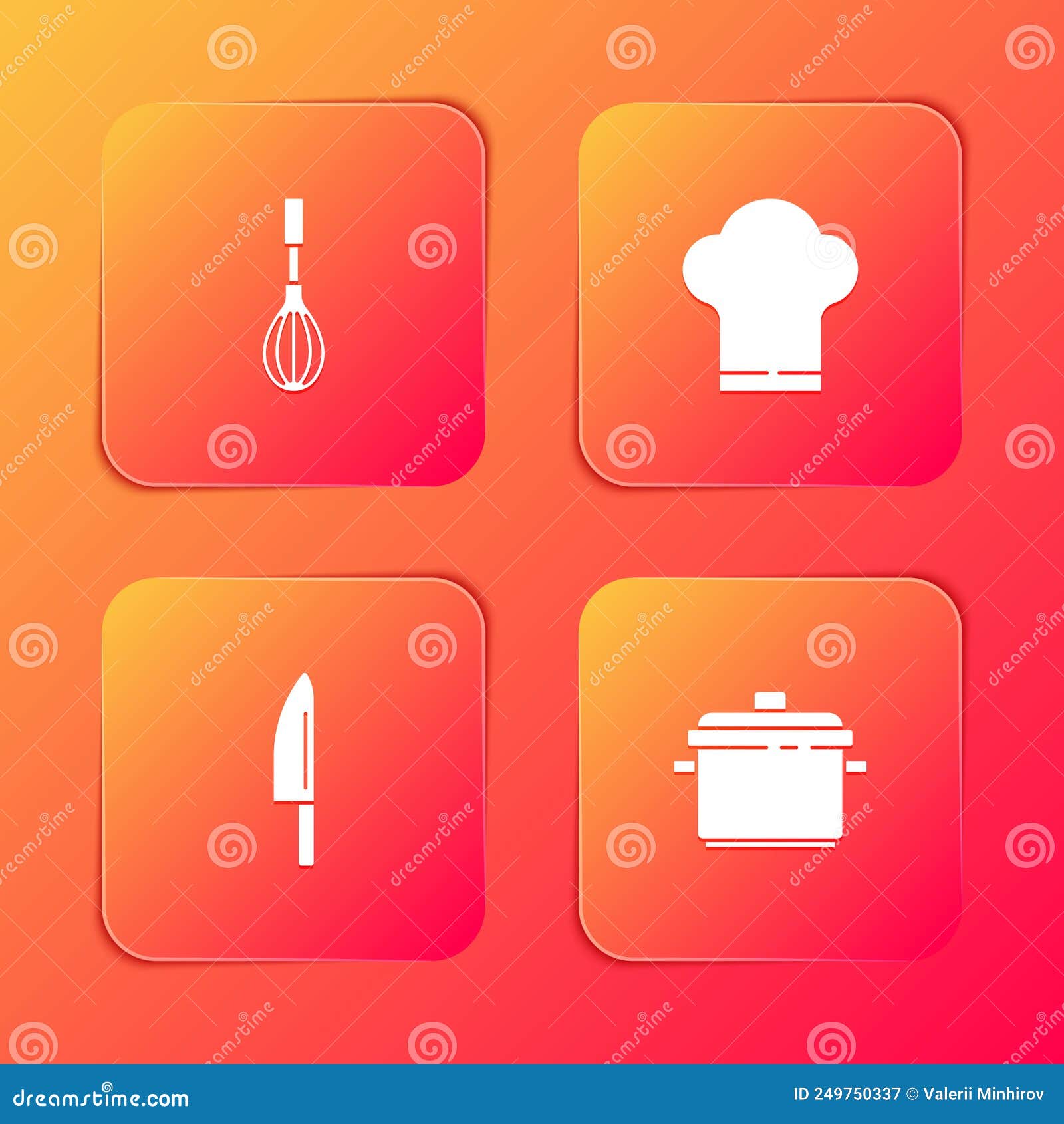 Set Kitchen Whisk, Chef Hat, Knife and Cooking Pot Icon. Vector Stock
