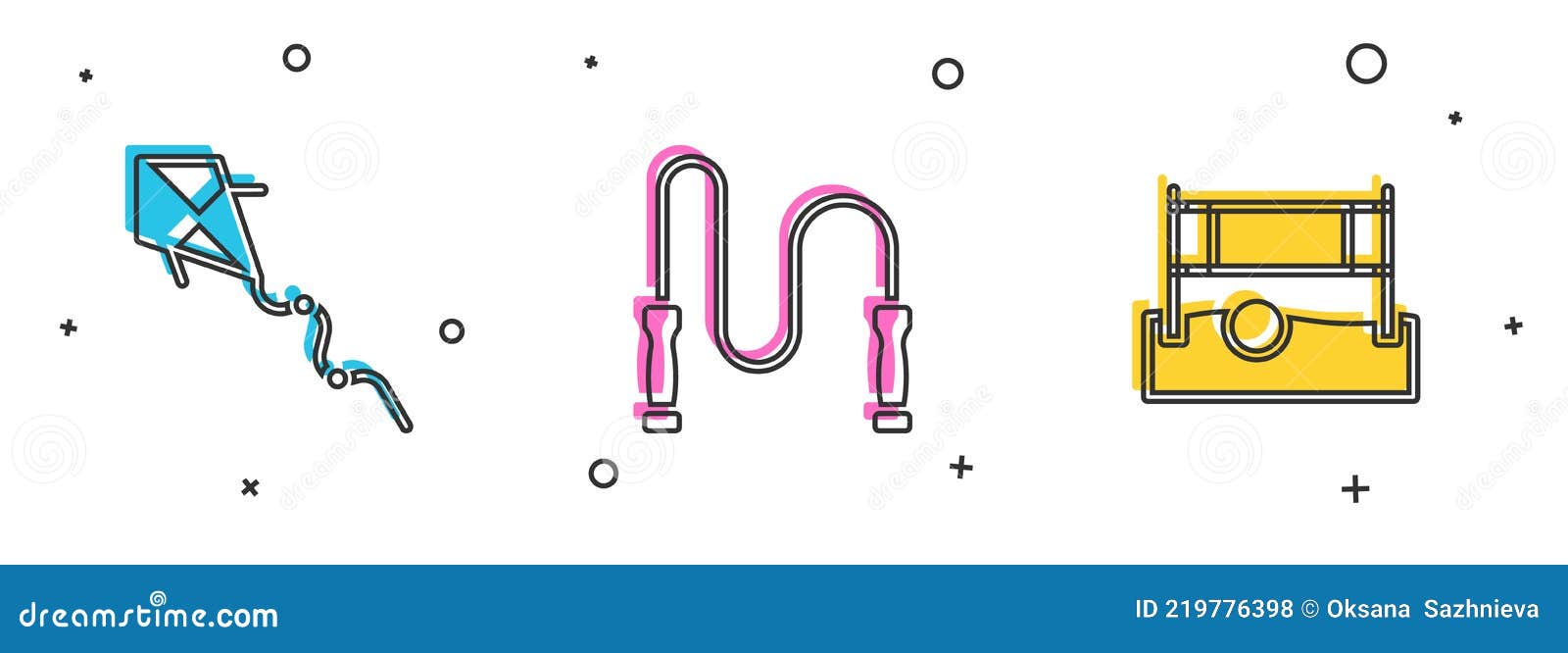 Set Kite, Jump Rope and Volleyball Net with Ball Icon. Vector Stock