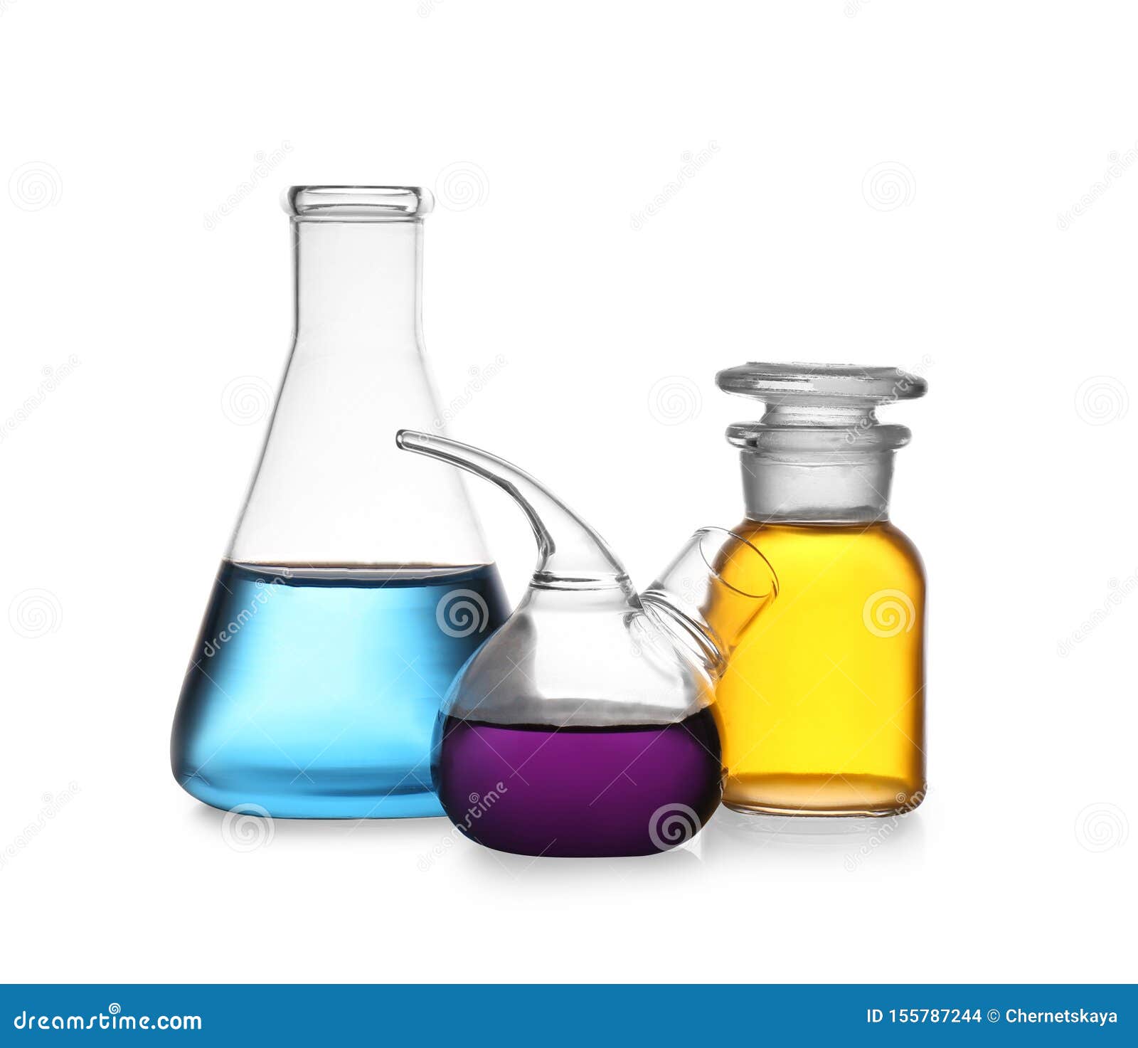 Set Of Lab Glassware With Color Liquids On White. Solution Chemistry