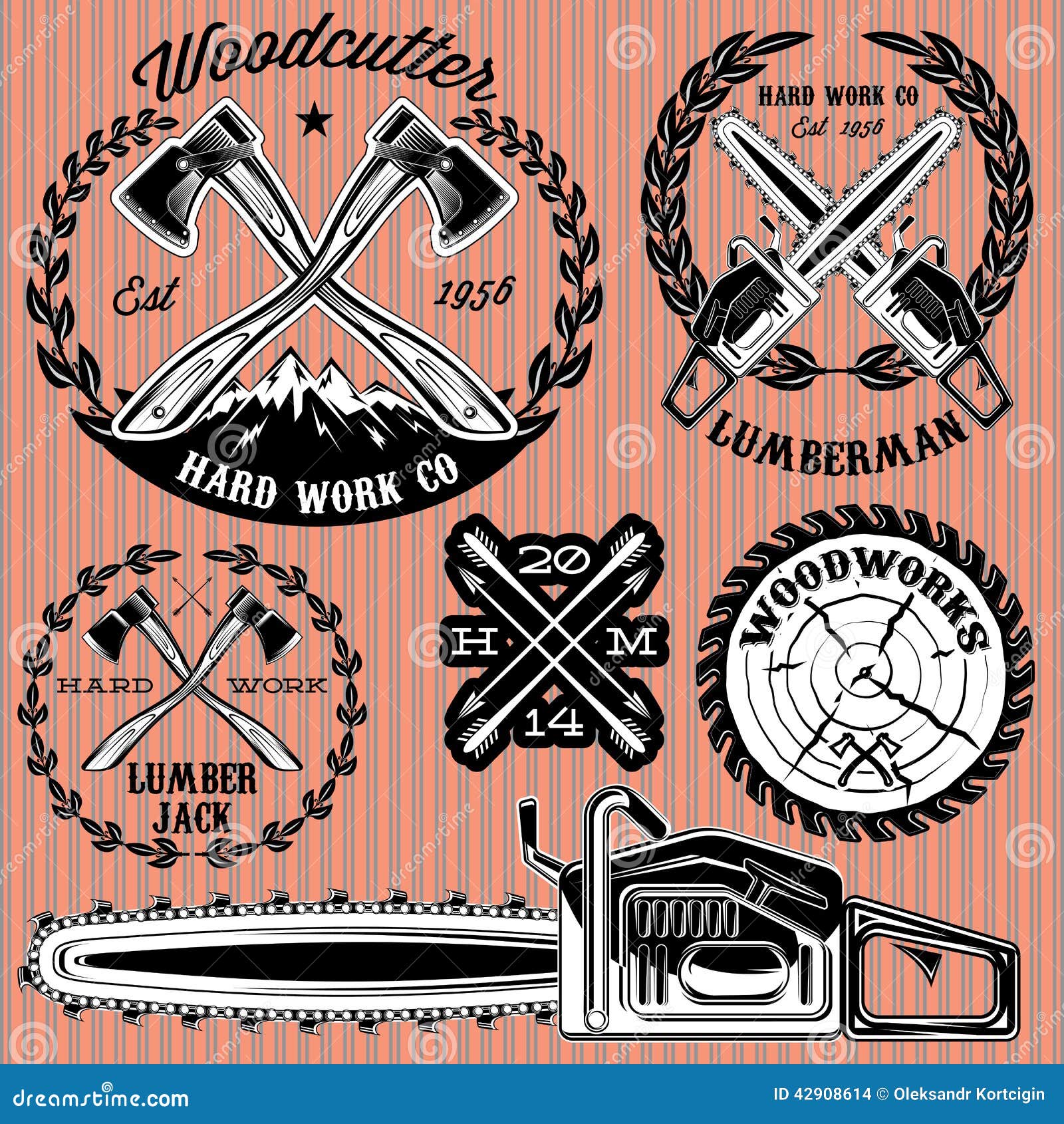 Set of Labels on Lumberjack, Working with Wood Stock Vector