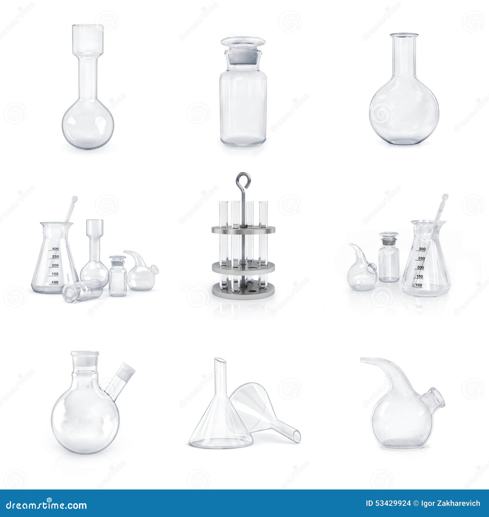 set of laboratory glassware on white backg round.