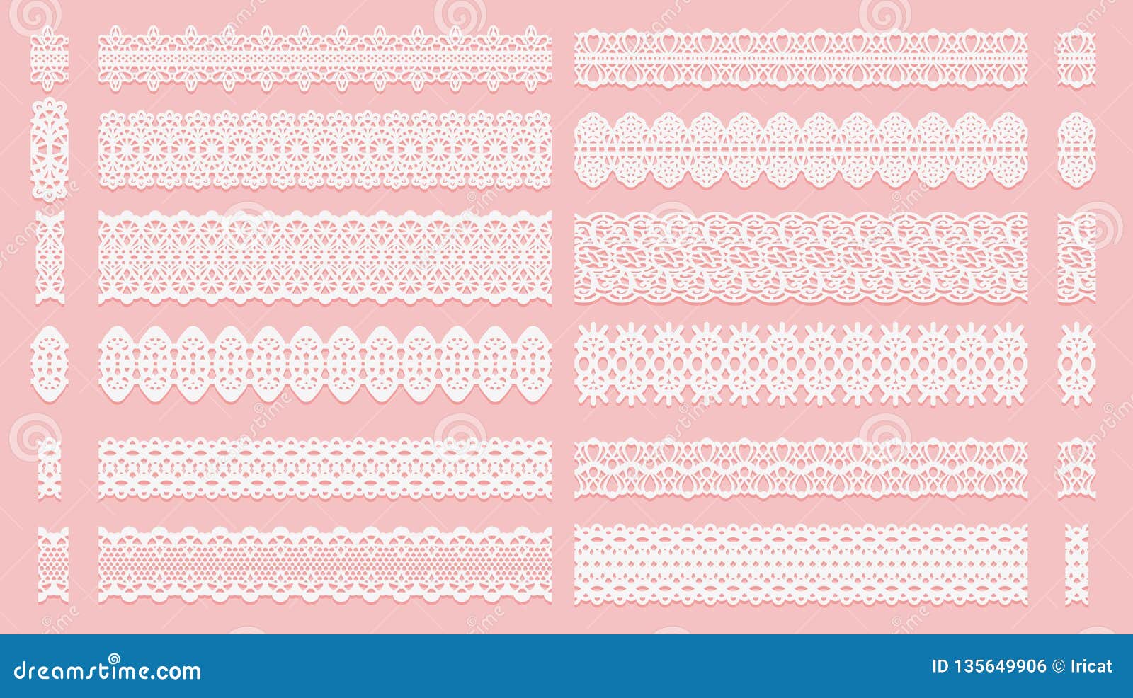 Blockprint Wide Lace Ribbon Set White Design Elements Isolated On Pink  Background Seamless Pattern Suitable For Laser Cutting Paper Or Wood To  Create Wedding Invitation And Card Stock Illustration - Download Image