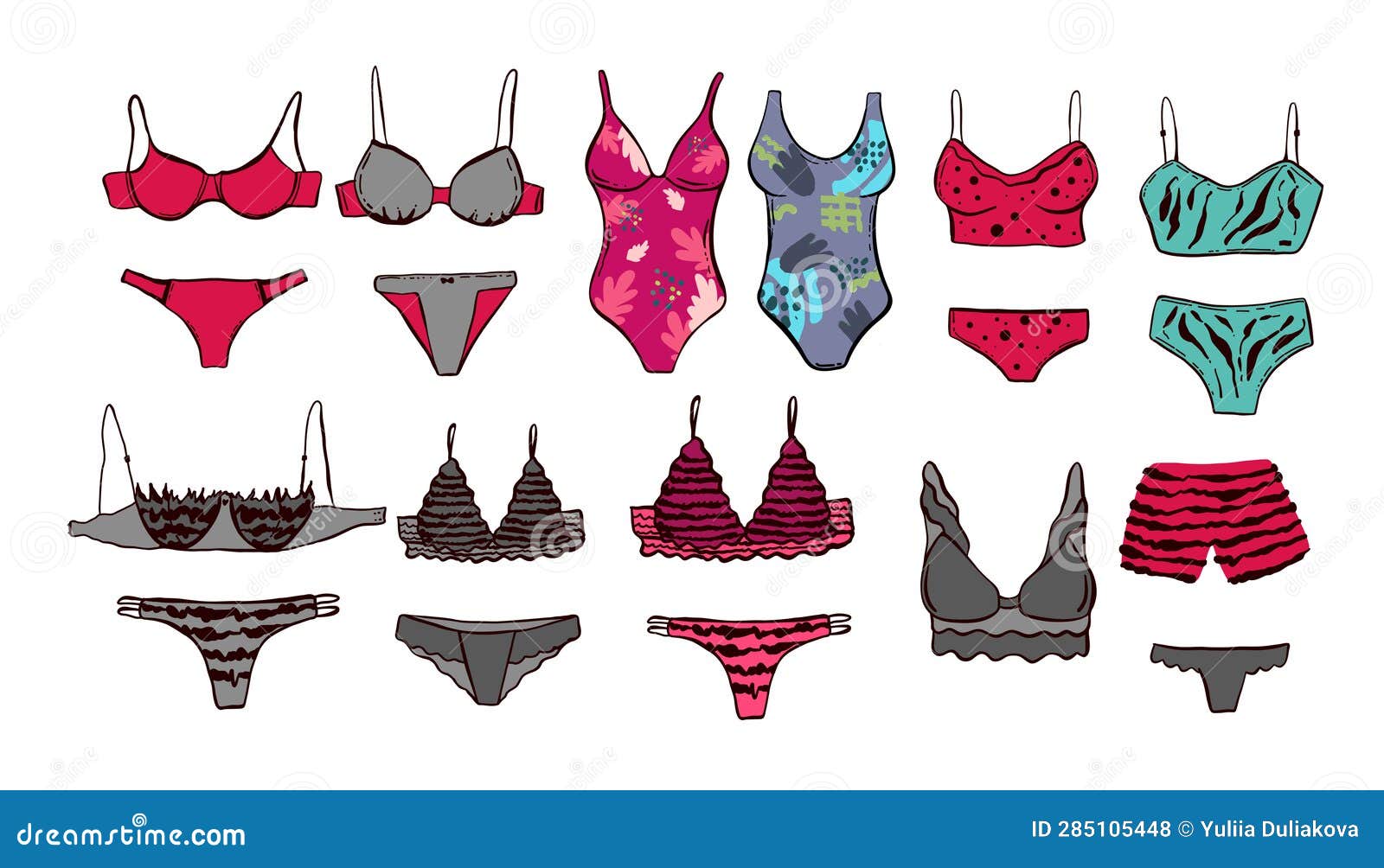 Set with Ladies Underwear Isolated on White Hand Drawing Stock Vector