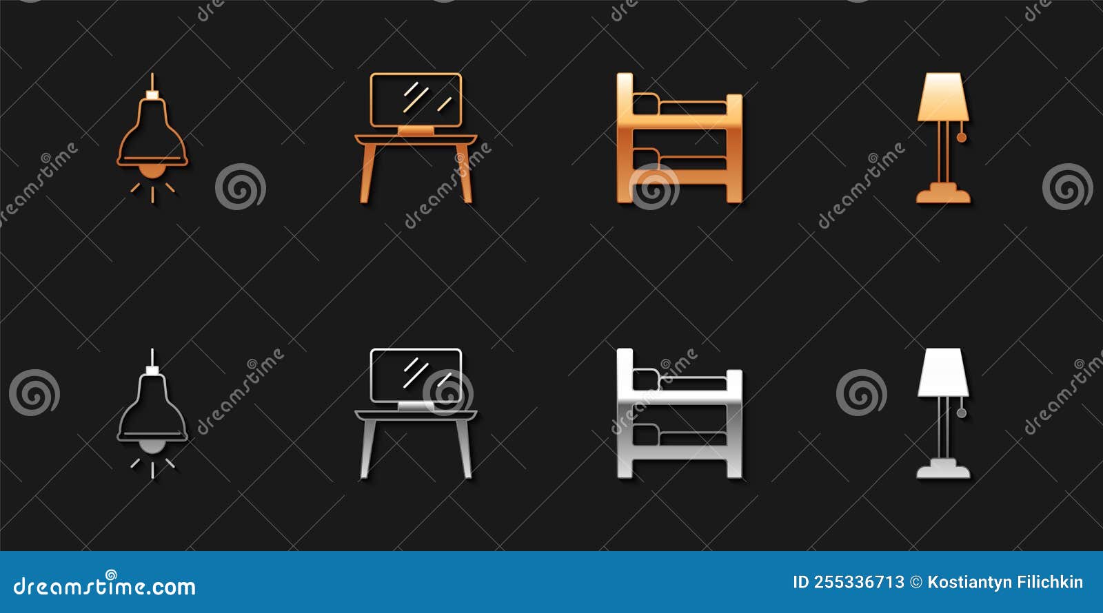 Set Lamp Hanging, TV Table Stand, Bunk Bed and Floor Lamp Icon. Vector
