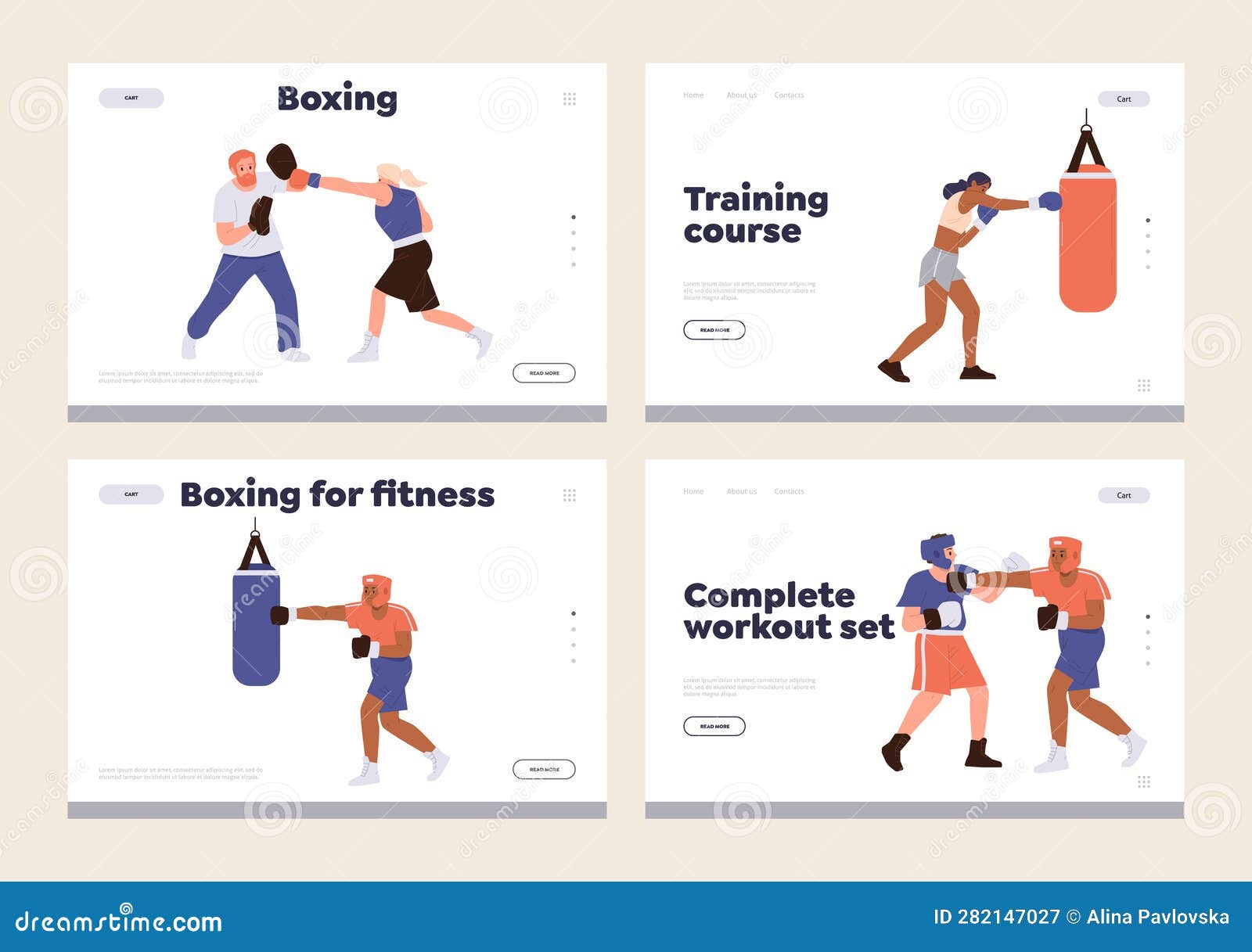 Set of Landing Page Design Template Advertising Online Boxing School or Training Class for Sportsman Stock Vector