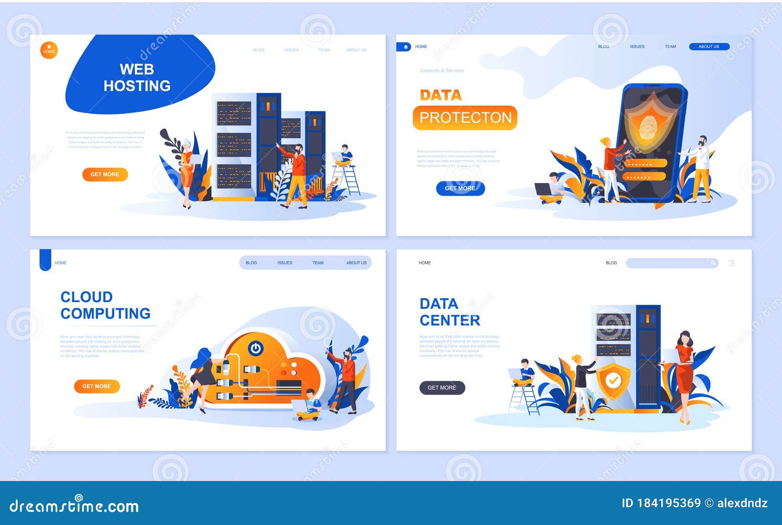 Set Of Landing Page Template For Hosting Data Protection Data Center Cloud Computing Modern Vector Illustration Stock Vector Illustration Of Landing Html
