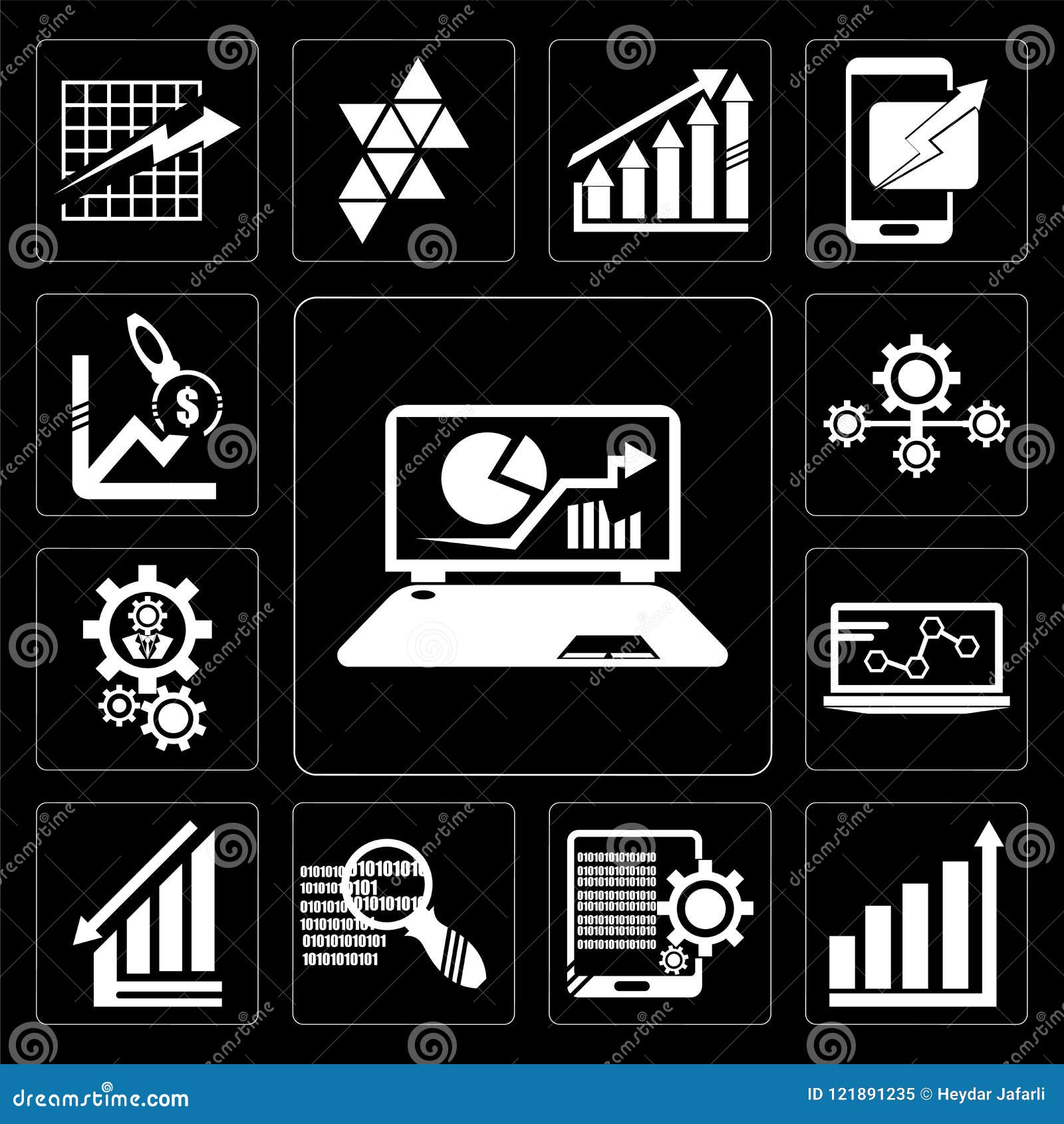 Set of Laptop with Analysis, Data Analytics Upgoing Bars Chart, Tablet