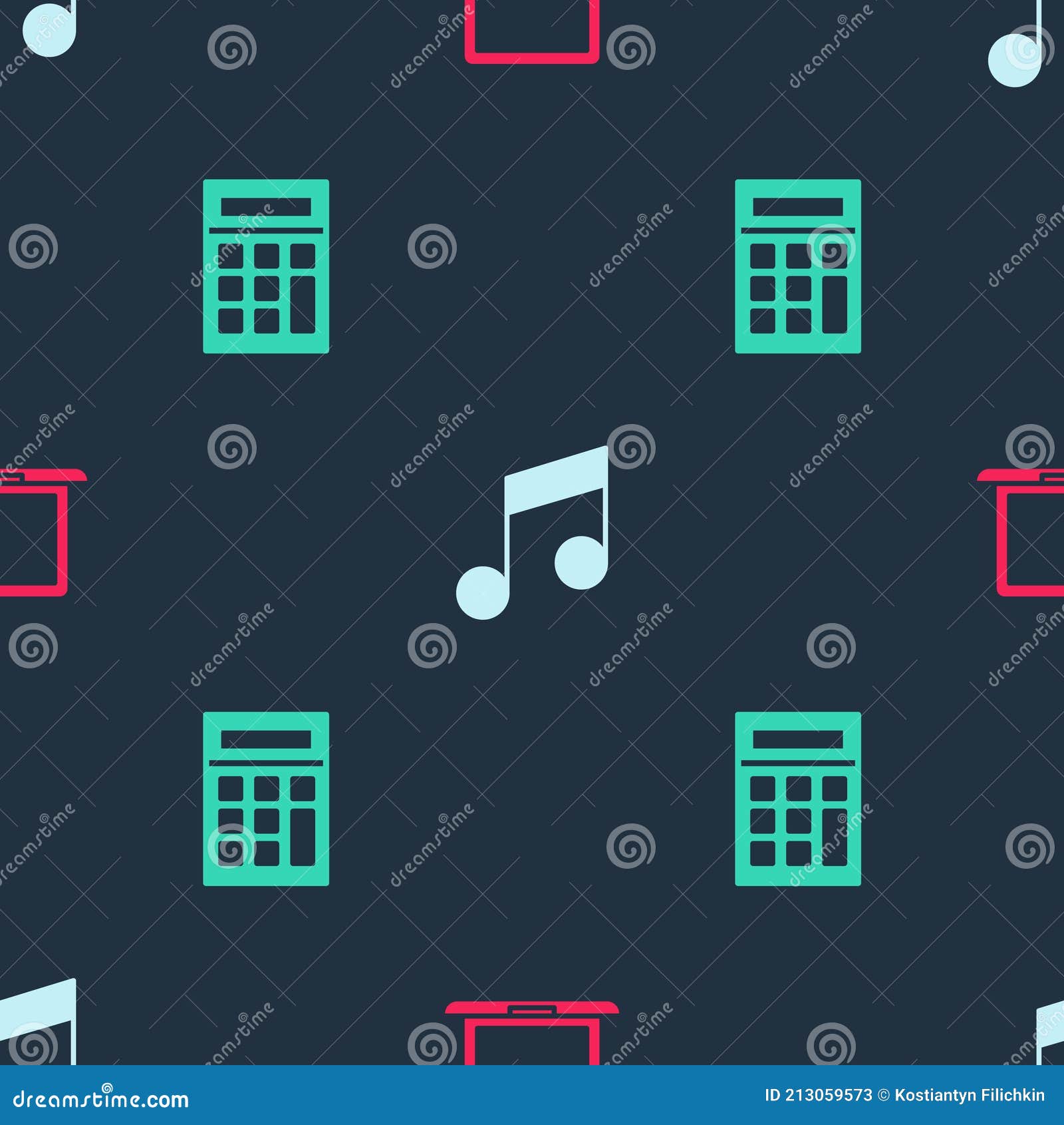 Set Laptop, Music Note, Tone and Calculator on Seamless Pattern. Vector
