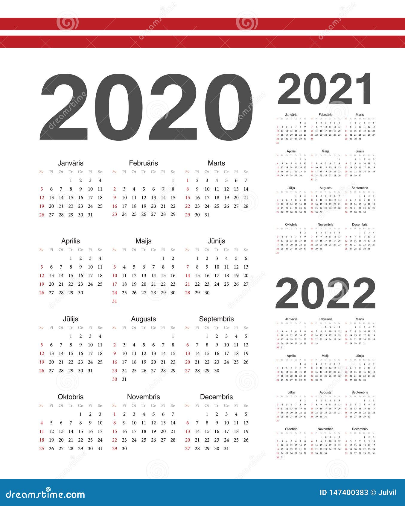 Set of Latvian 2020, 2021, 2022 Year Vector Calendars Stock Vector