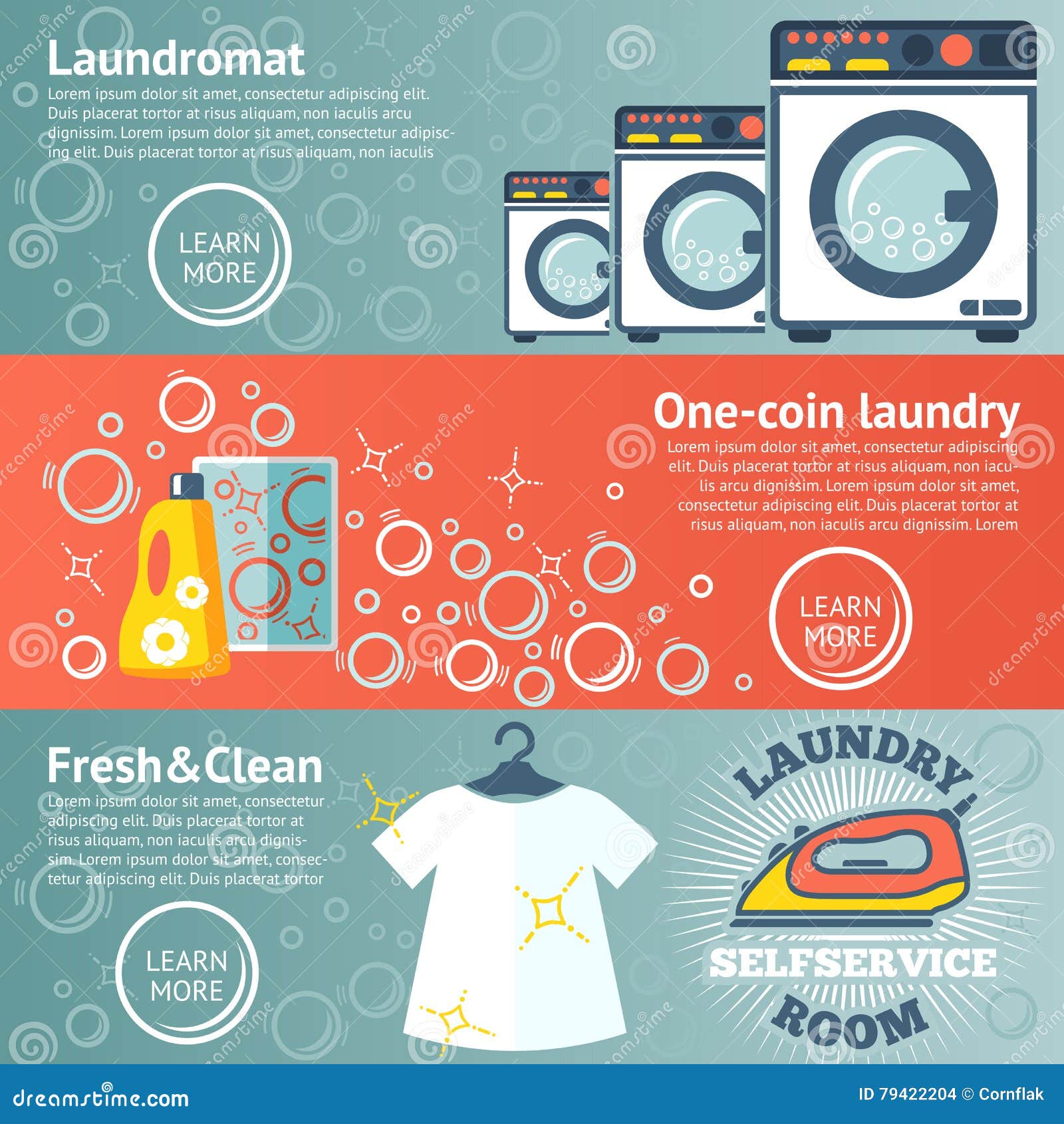 Set of Laundry Banners with Laundromat, Detergents, Iron and Clothes