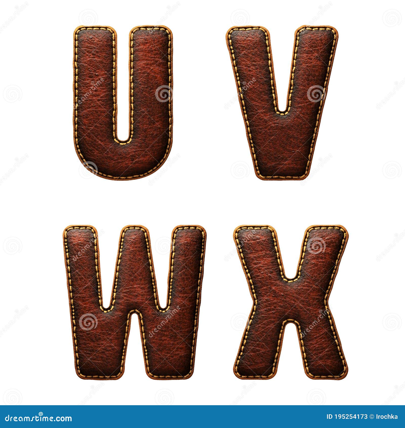 set of leather letters u, v, w, x uppercase. 3d render font with skin texture  on white background.
