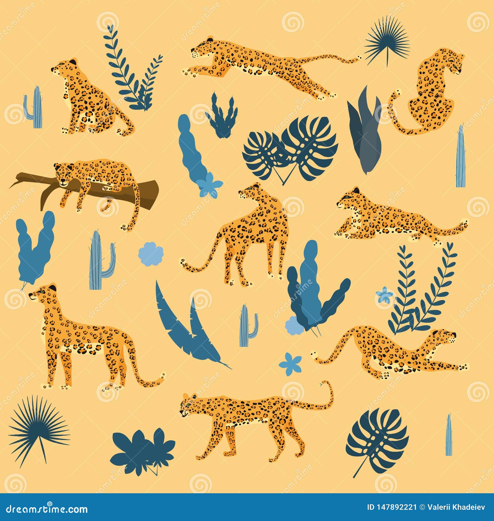 set of leopards in various poses, plants, flowers, exotic, graphic cute trend style, mammal predator, jungle. 