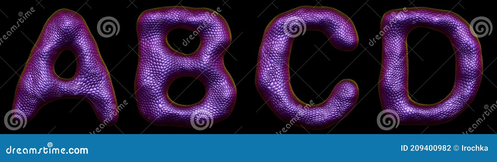 set of letters a, b, c, d made of realistic 3d render natural purple snake skin texture.