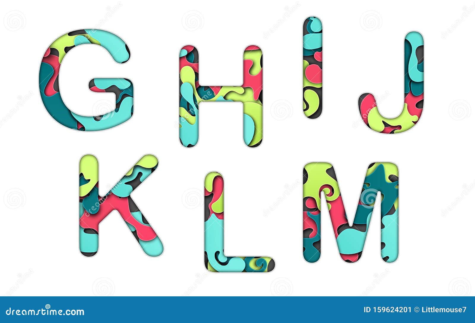 set of letters font g, h, i, j, k, l and m. multilayer colorful letters. paper art carving. creative typography