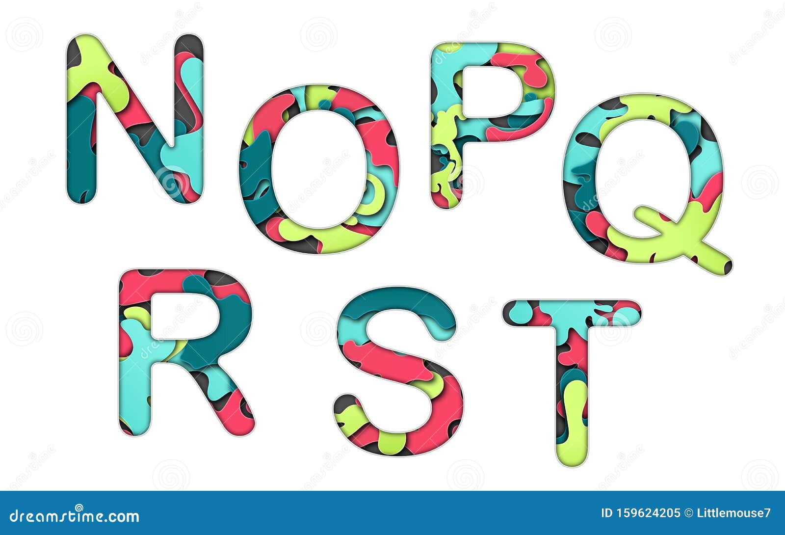 set of letters font n, o, p, q, r, s and t. multilayer colorful letters. paper art carving. creative typography