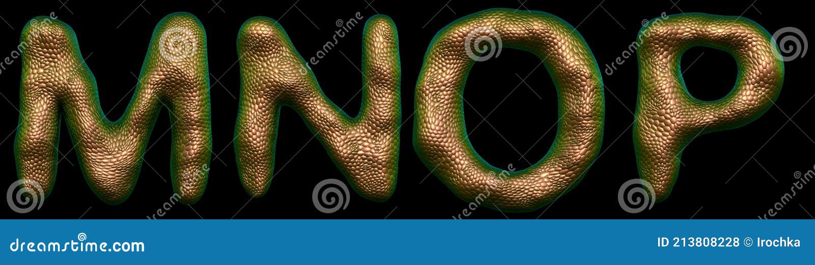 set of letters m, n, o, p made of realistic 3d render natural gold snake skin texture.